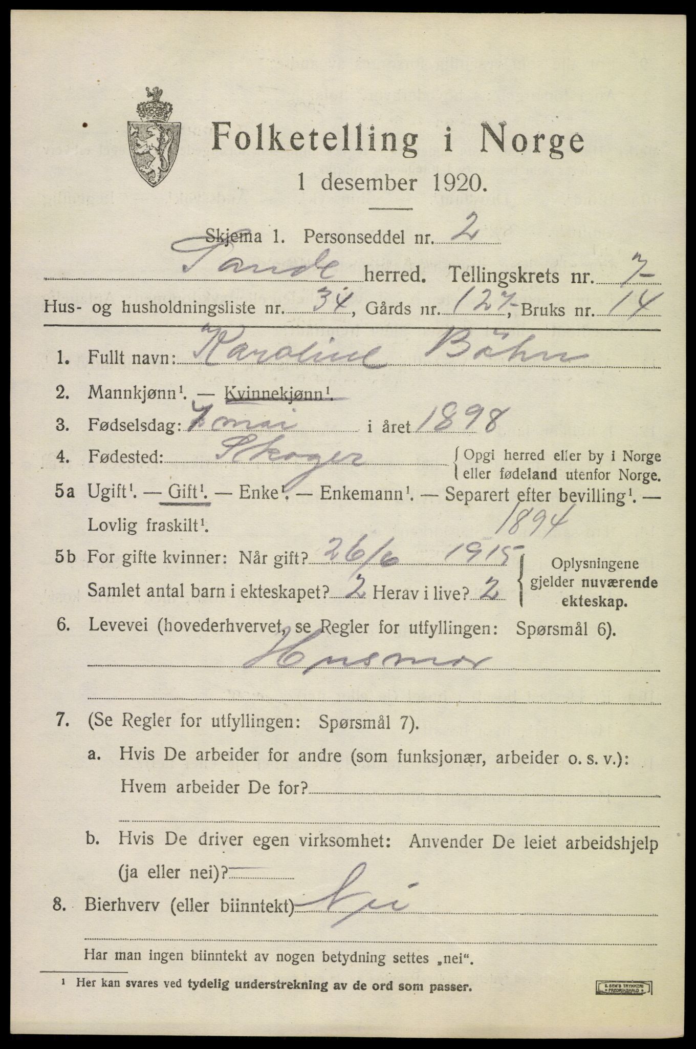 SAKO, 1920 census for Sande, 1920, p. 8388