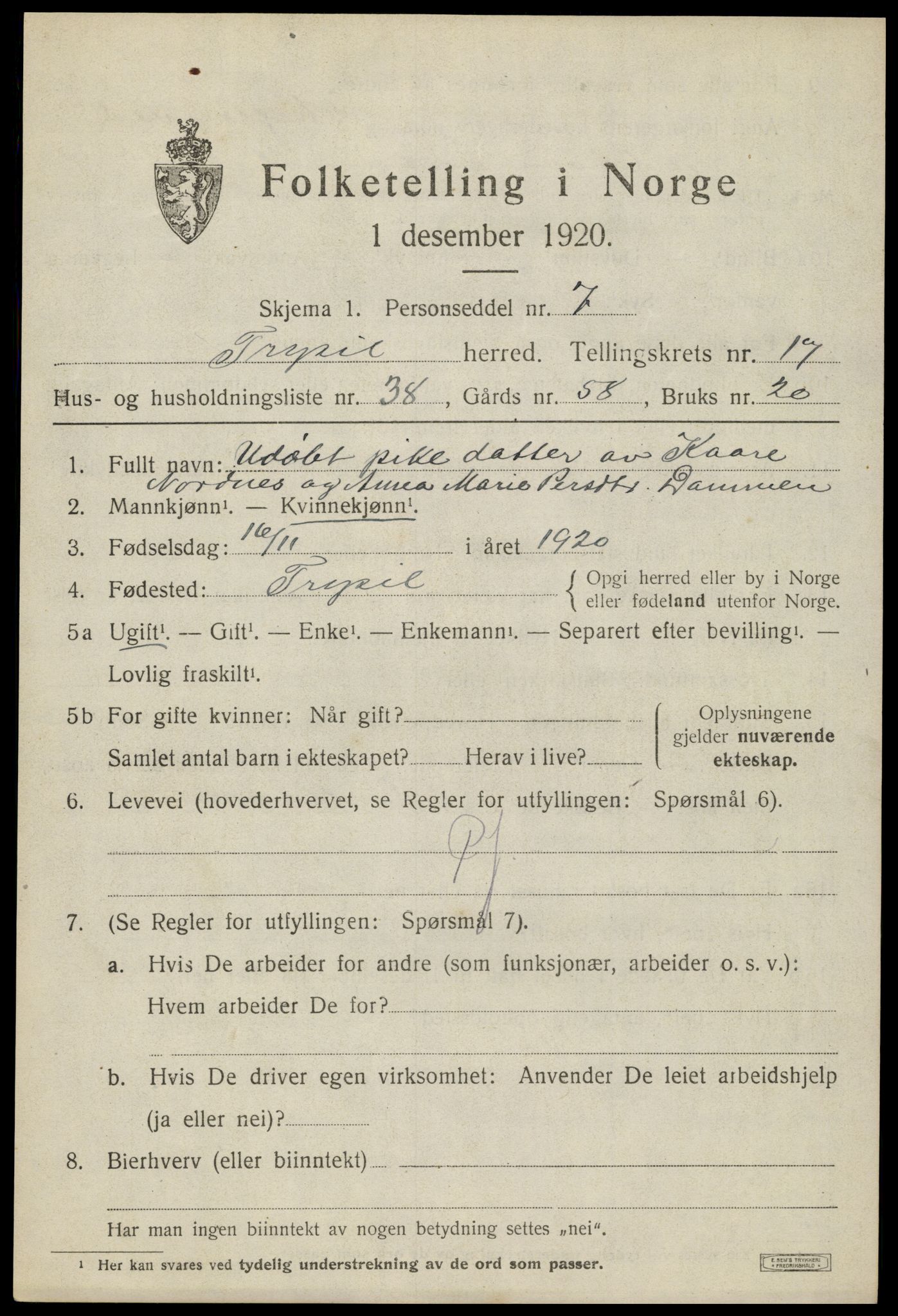 SAH, 1920 census for Trysil, 1920, p. 10647