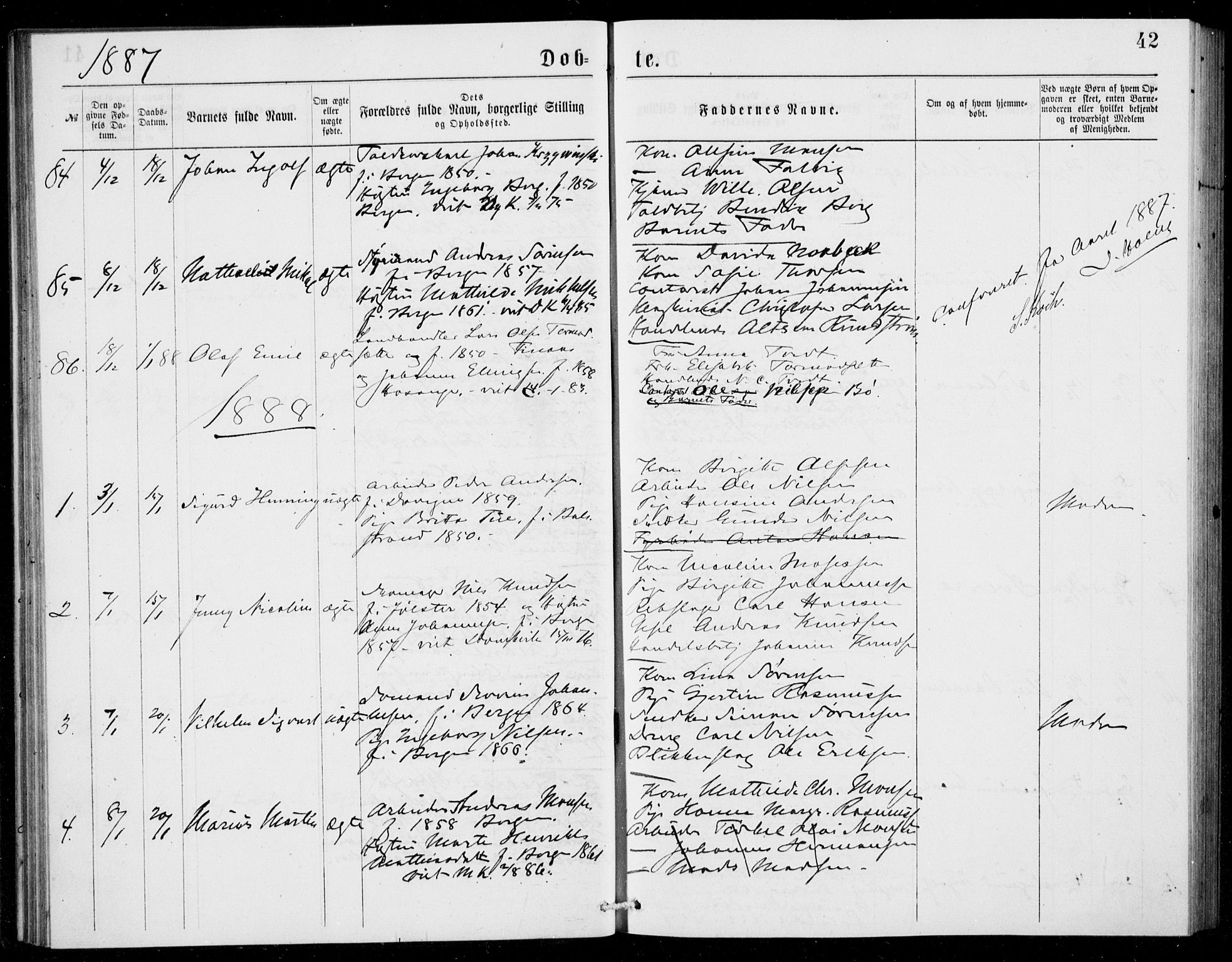 Fødselsstiftelsens sokneprestembete, ført av overlegen*, SAB/-: Parish register (official) no. A 2, 1884-1900, p. 42