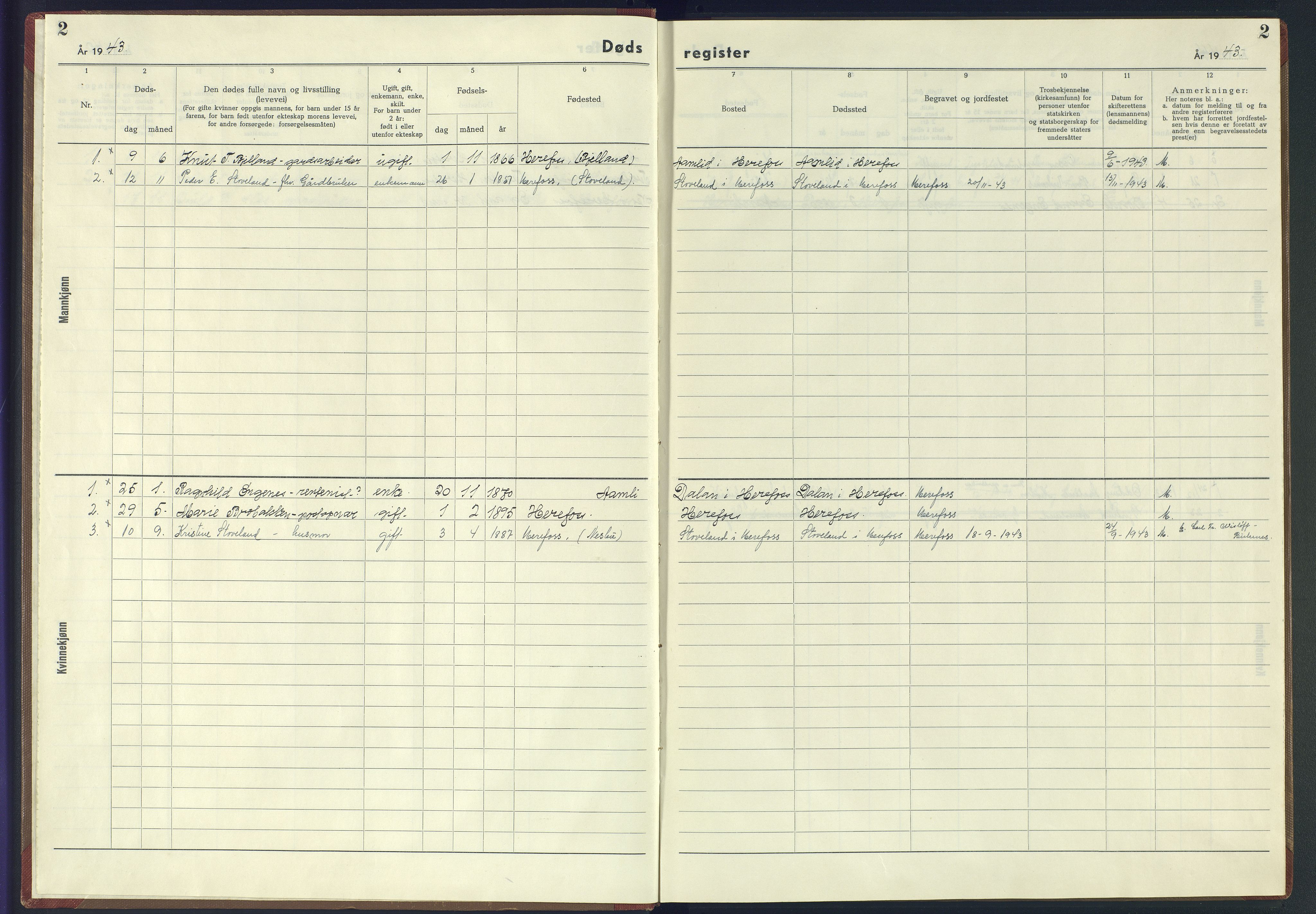 Herefoss sokneprestkontor, SAK/1111-0019/J/Jb/L0007: II.6.7 - Dødsfallsregister Herefoss, 1942-1945, p. 2