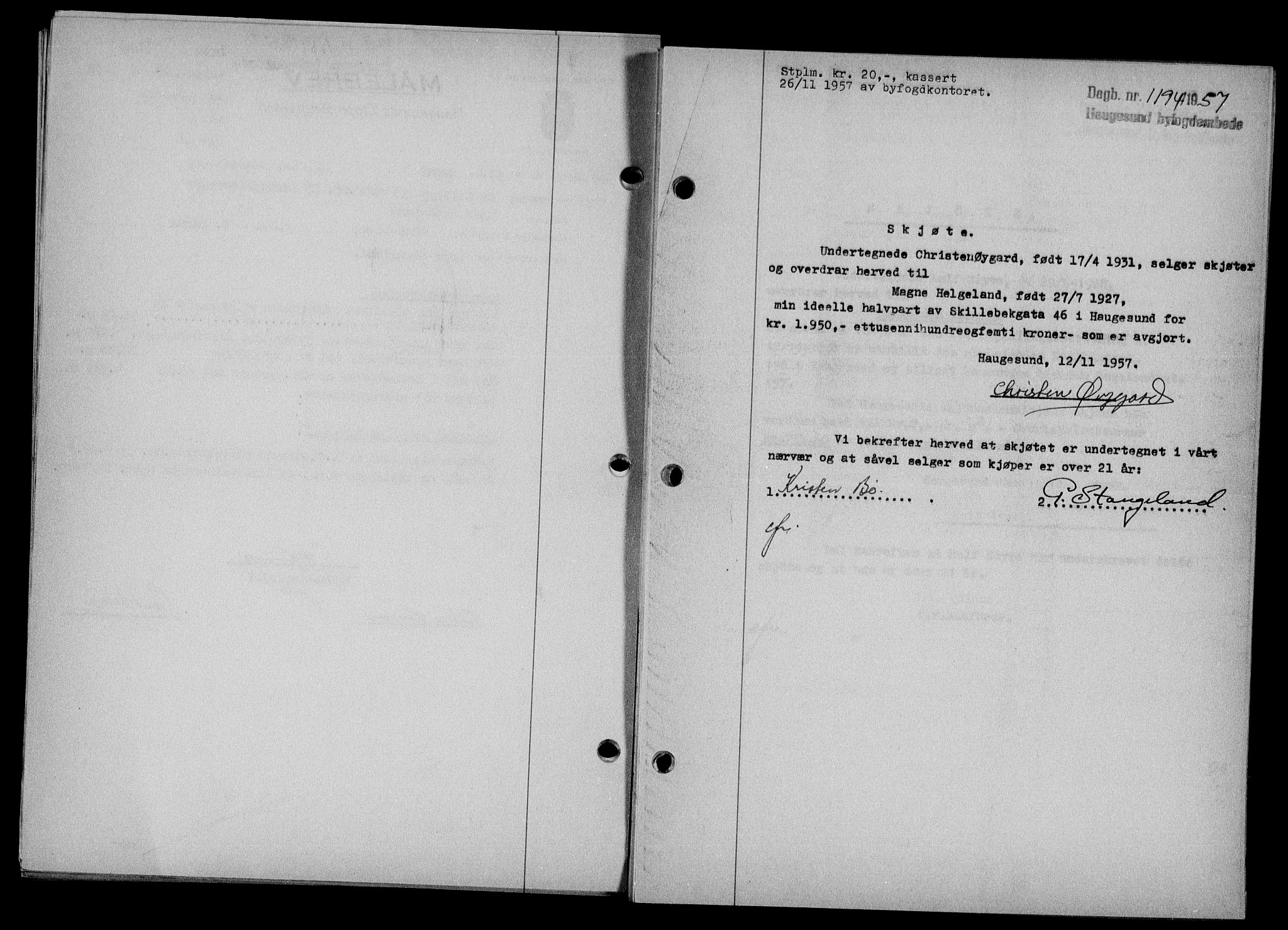 Haugesund tingrett, AV/SAST-A-101415/01/II/IIC/L0068: Mortgage book no. A 9, 1956-1958, Diary no: : 1194/1957