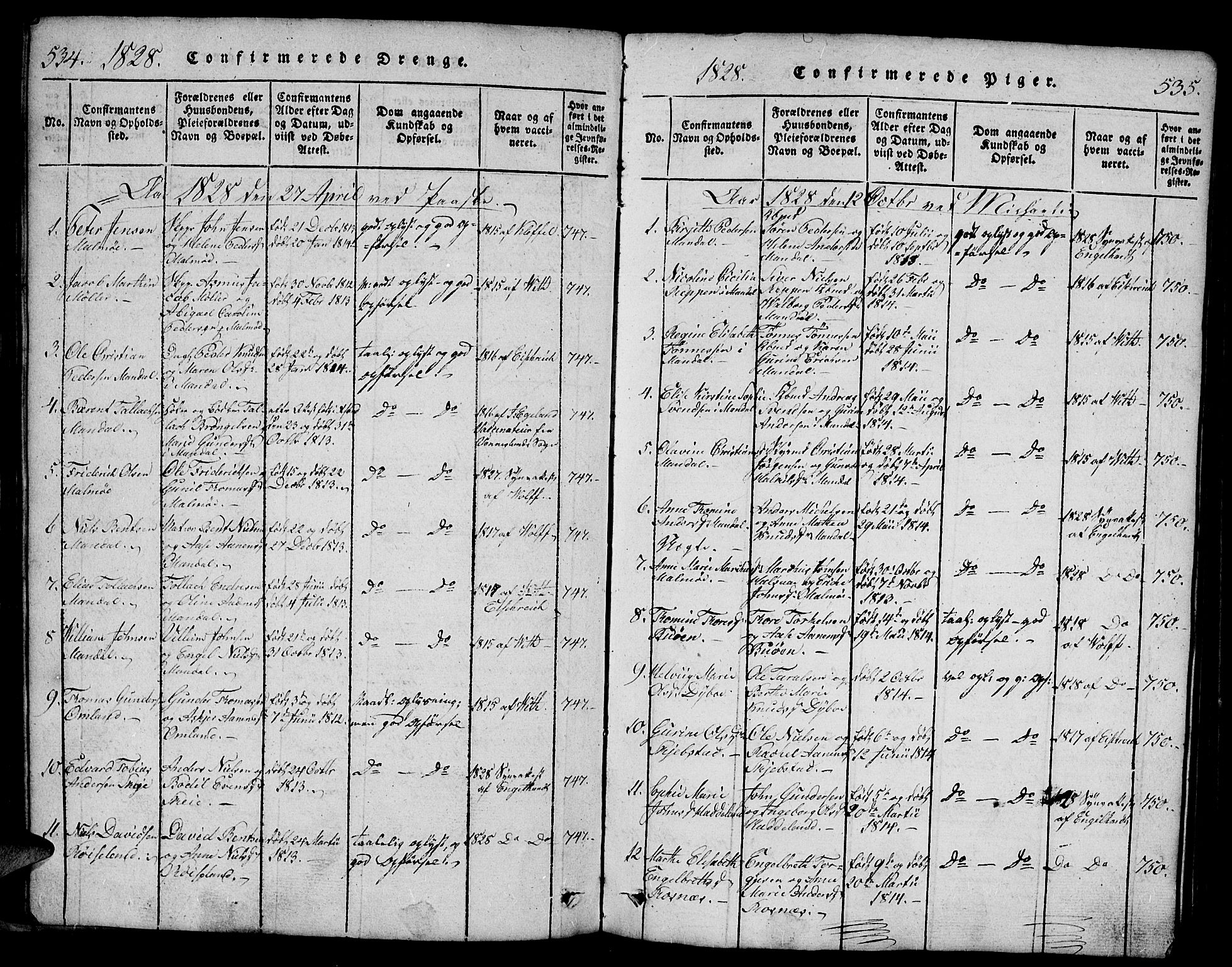 Mandal sokneprestkontor, AV/SAK-1111-0030/F/Fb/Fba/L0001: Parish register (copy) no. B 1, 1818-1830, p. 534-535