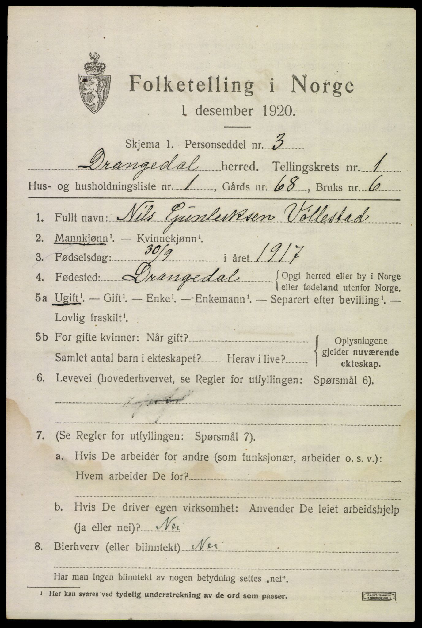 SAKO, 1920 census for Drangedal, 1920, p. 1665