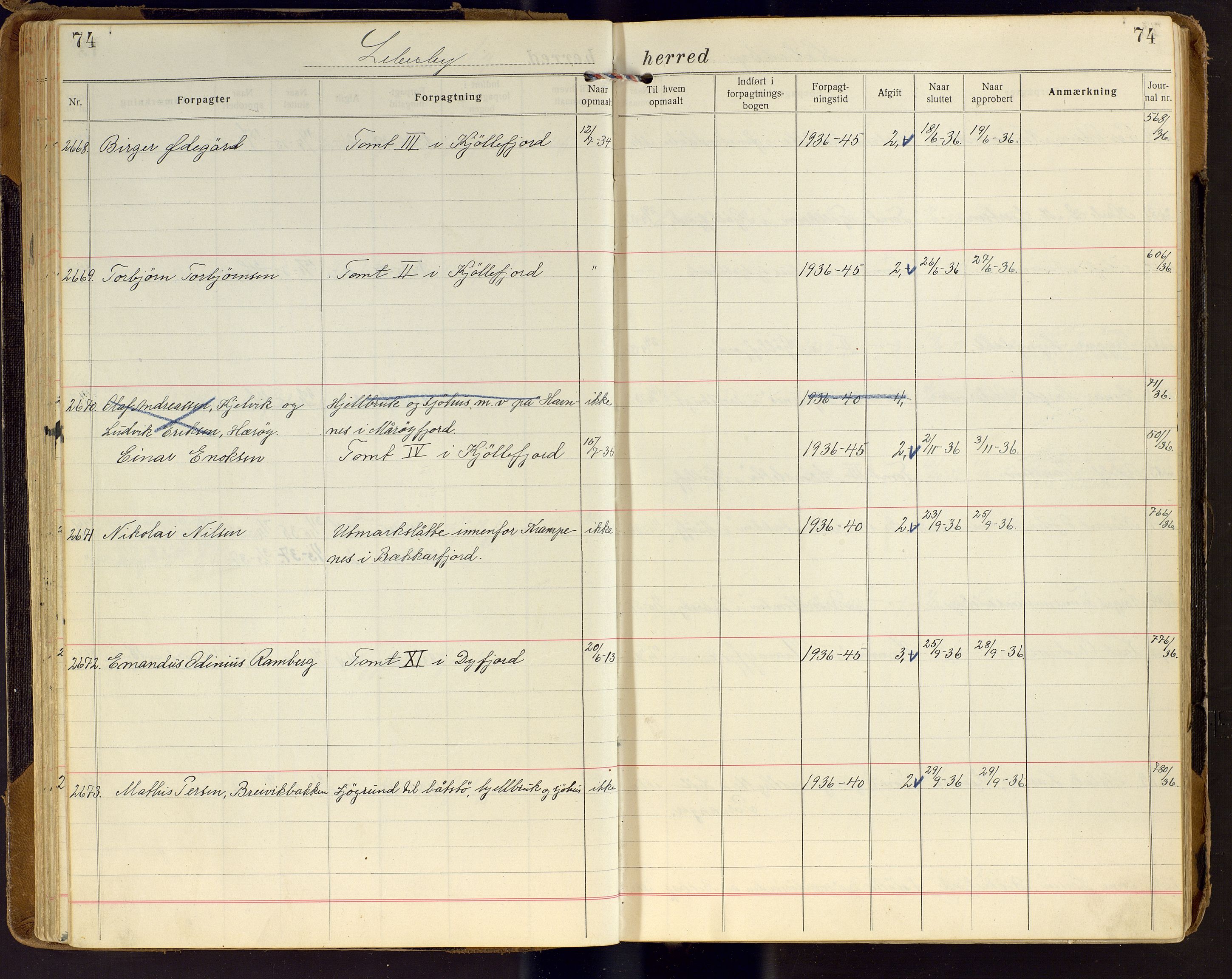 Finnmark jordsalgskommisjon/jordsalgskontor og Statskog SF Finnmark jordsalgskontor, AV/SATØ-S-1443/J/Ja/L0006: Forpaktningsbok for Finnmark II, 1916-1947, p. 74