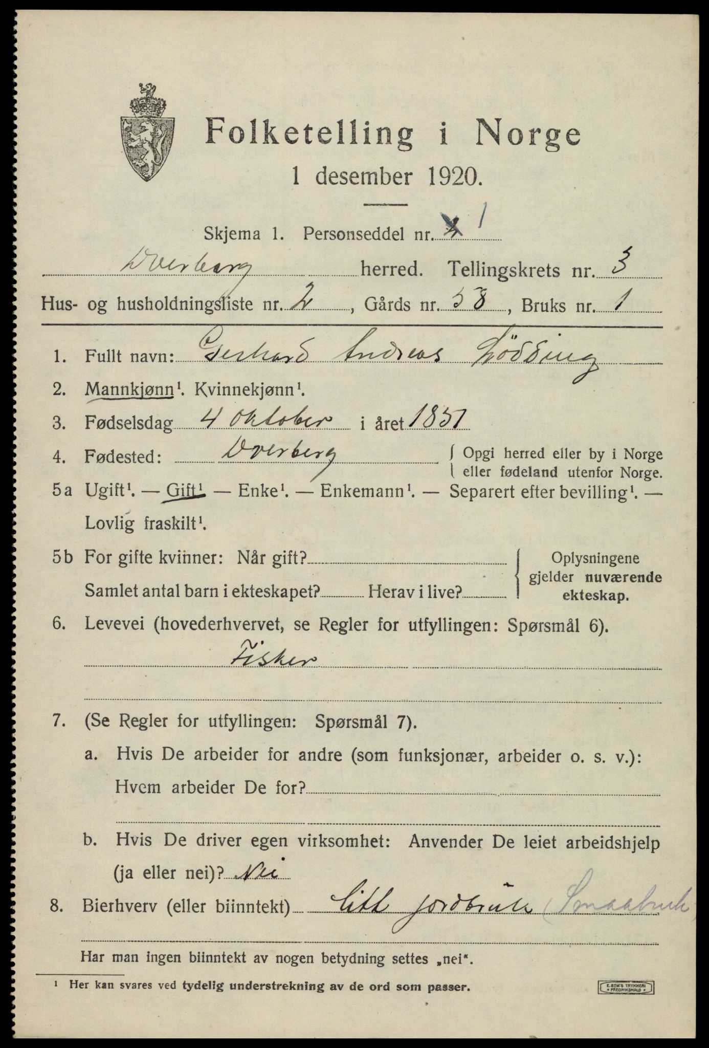 SAT, 1920 census for Dverberg, 1920, p. 3658