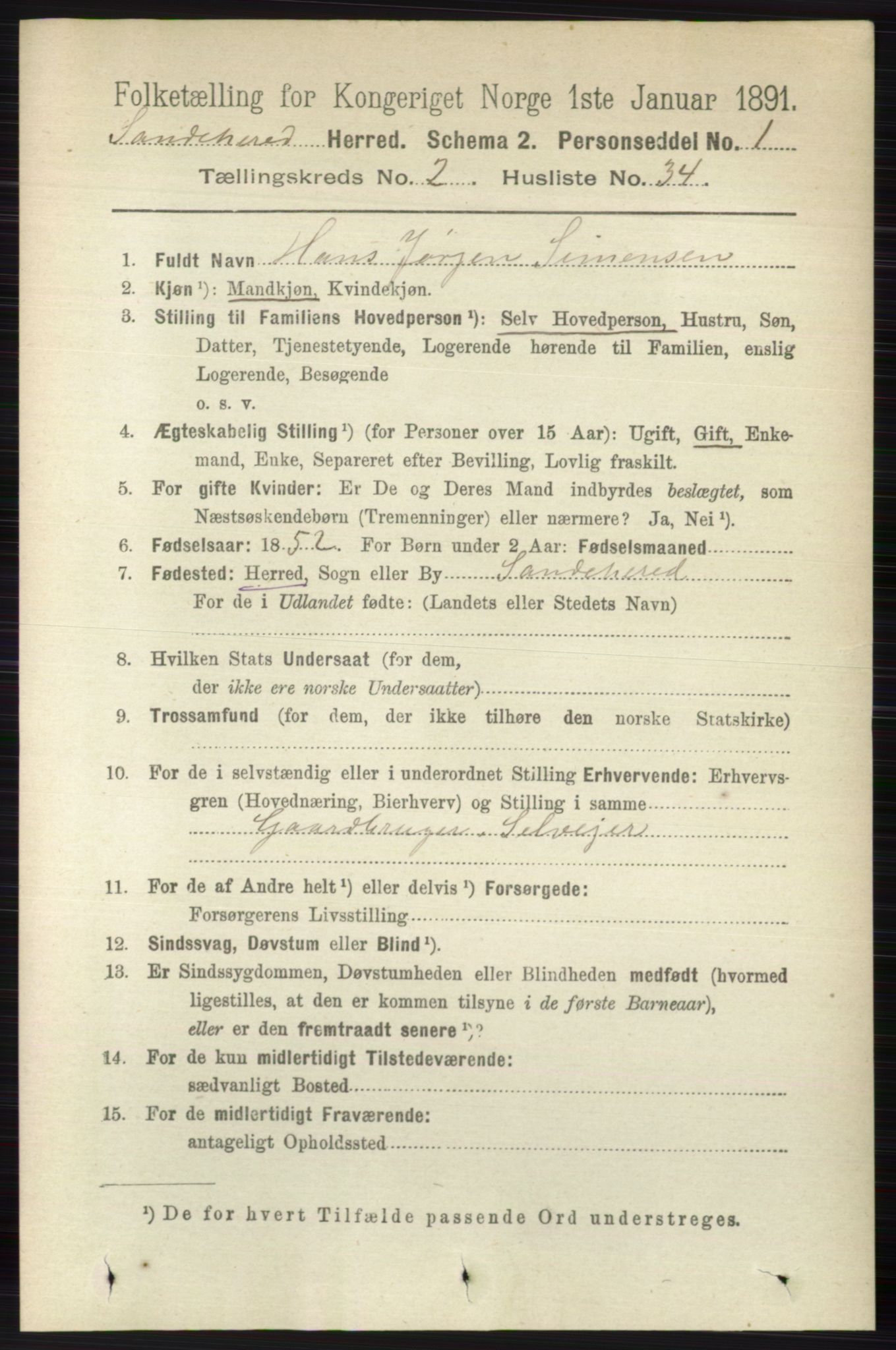 RA, 1891 census for 0724 Sandeherred, 1891, p. 1223