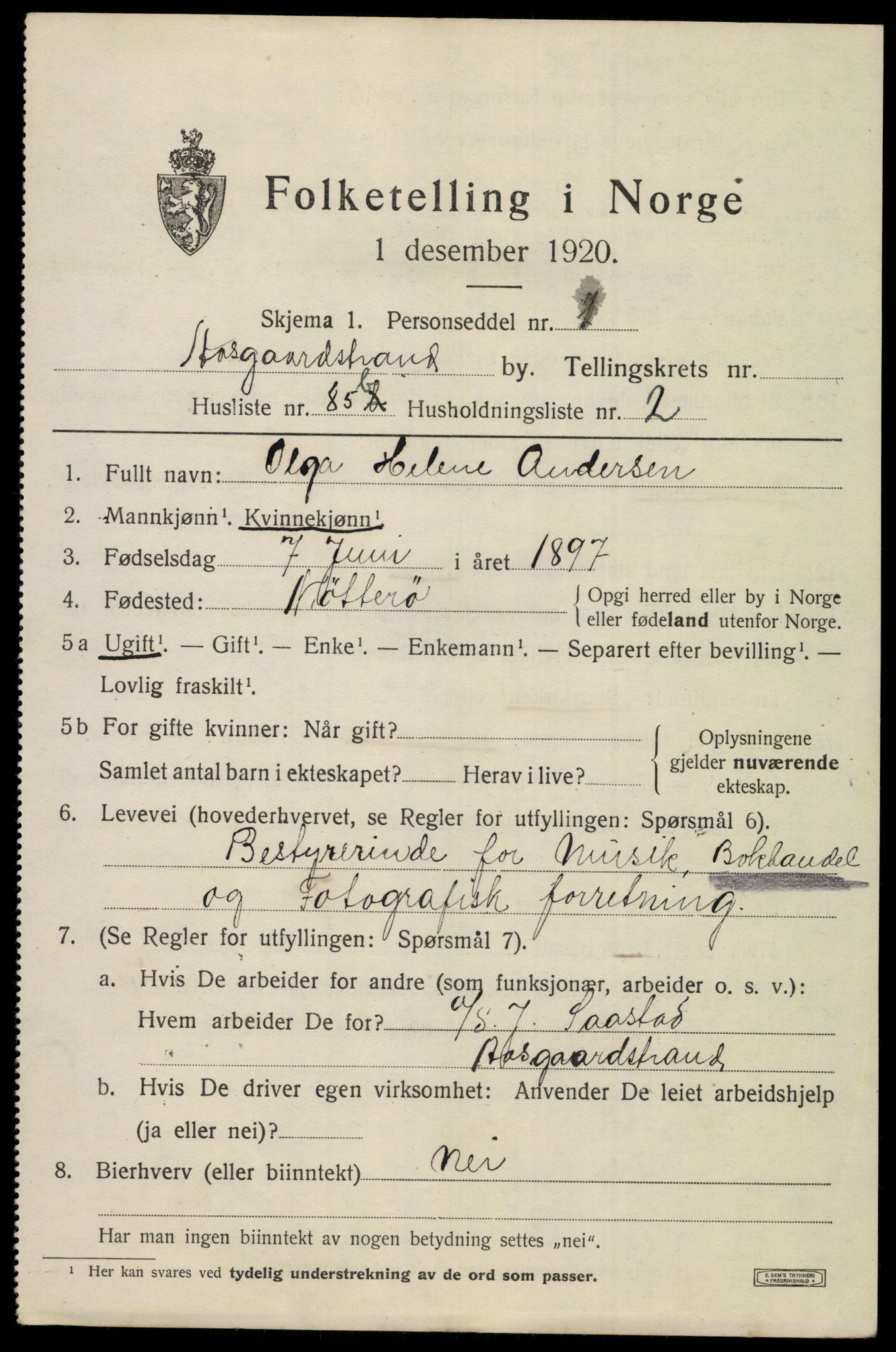 SAKO, 1920 census for Åsgårdstrand, 1920, p. 1247