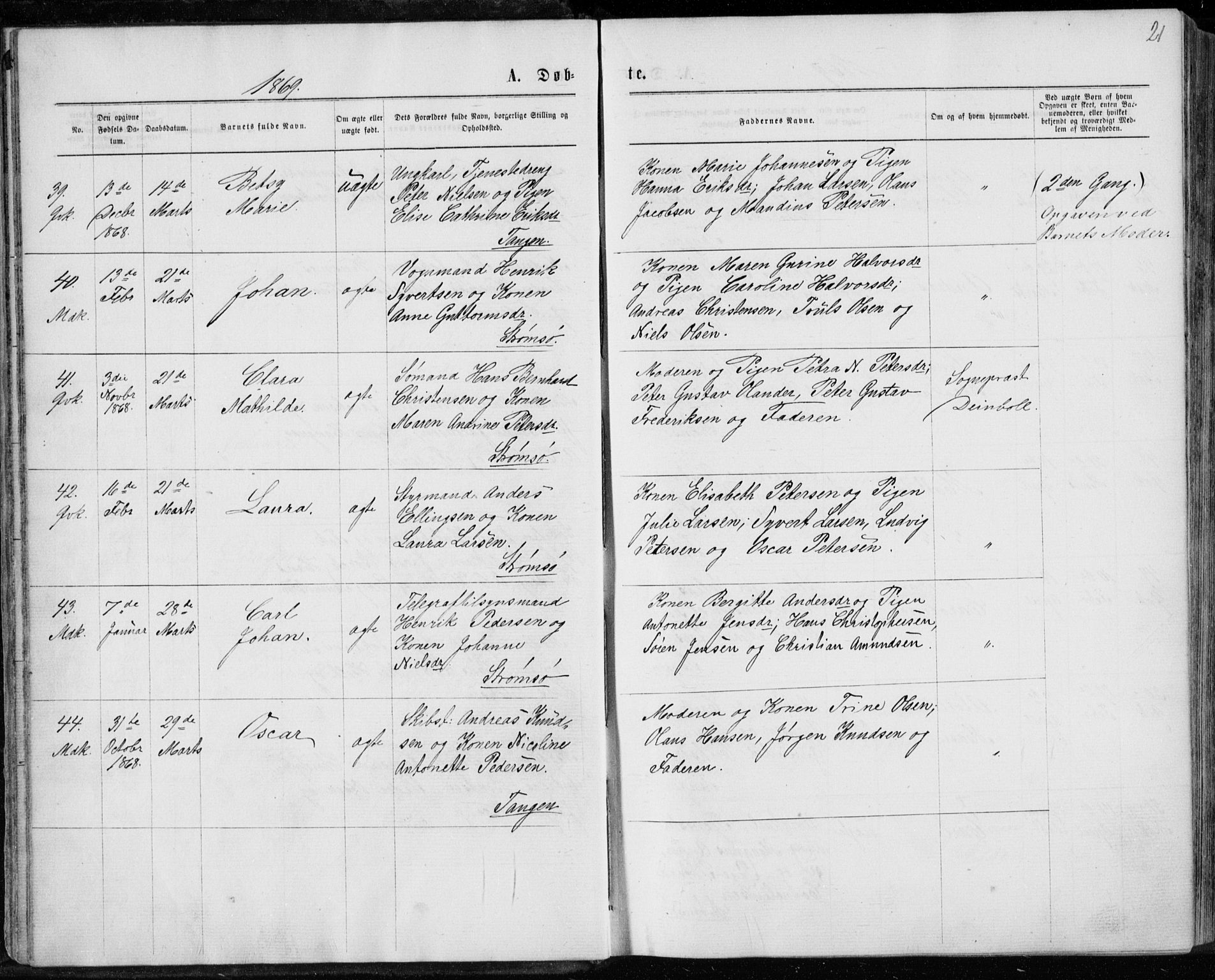 Strømsø kirkebøker, AV/SAKO-A-246/F/Fa/L0016: Parish register (official) no. I 16, 1868-1873, p. 21