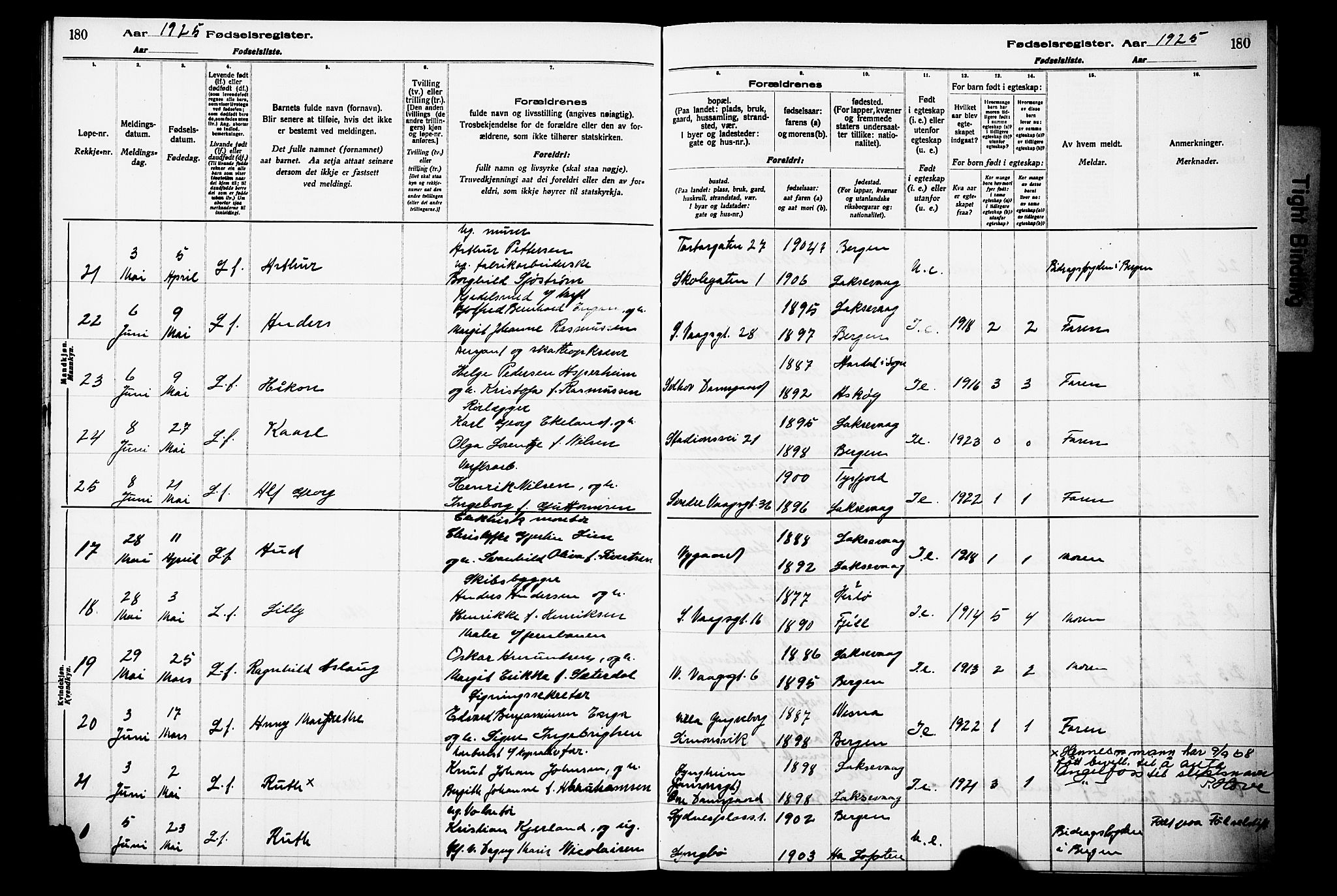 Laksevåg Sokneprestembete, AV/SAB-A-76501/I/Id/L00A1: Birth register no. A 1, 1916-1926, p. 180