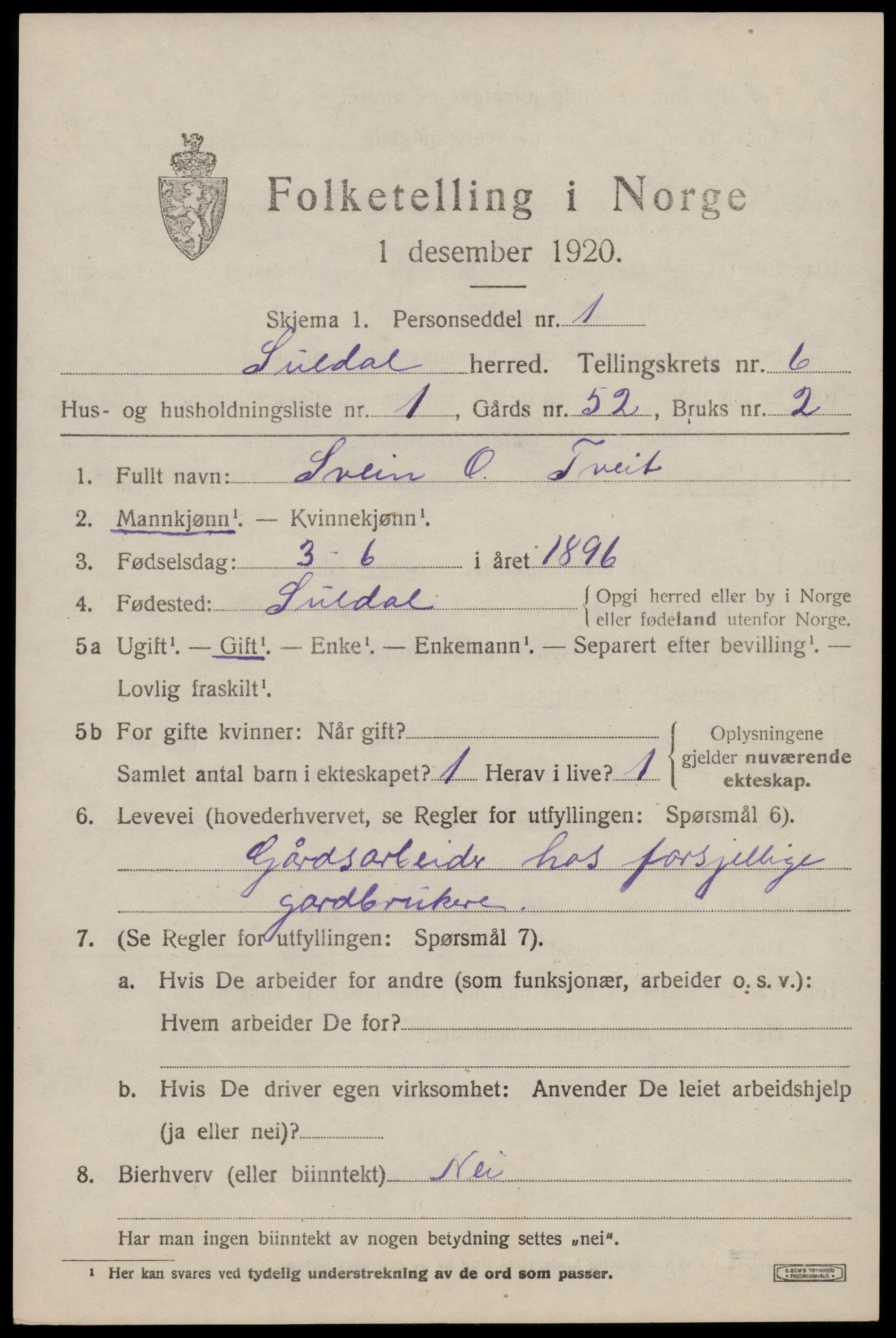 SAST, 1920 census for Suldal, 1920, p. 1592