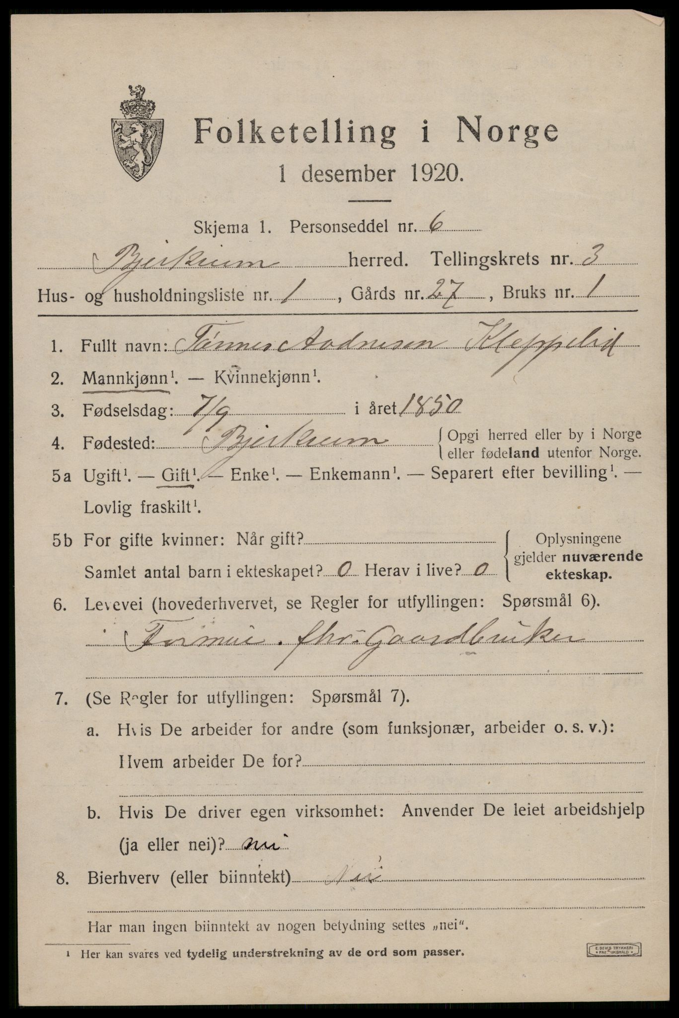 SAST, 1920 census for Bjerkreim, 1920, p. 1626