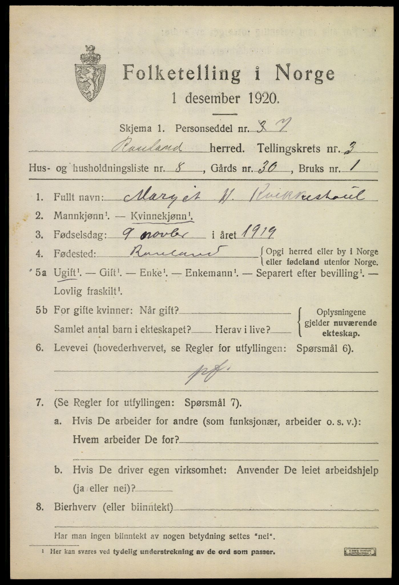 SAKO, 1920 census for Rauland, 1920, p. 802