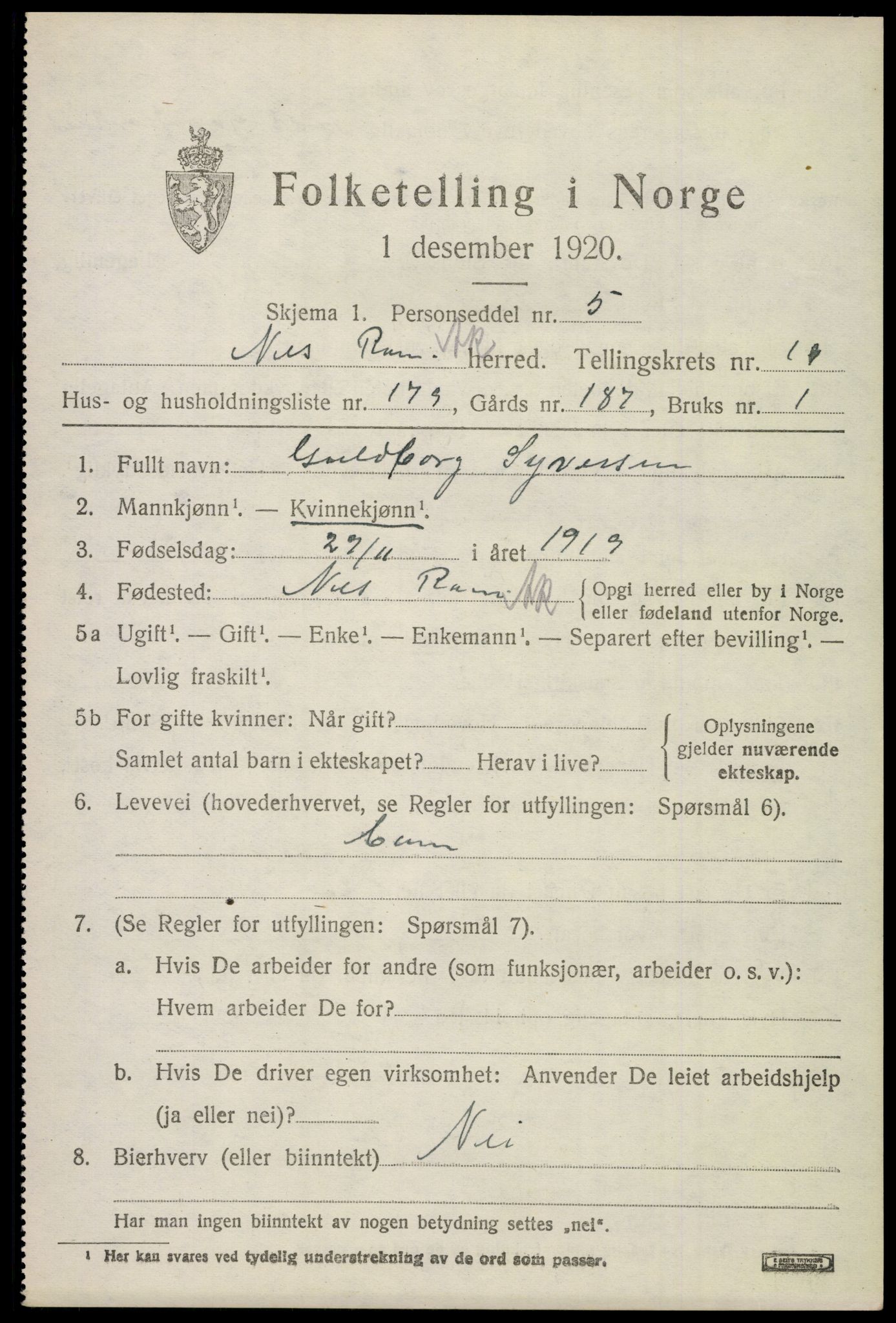 SAO, 1920 census for Nes, 1920, p. 21062