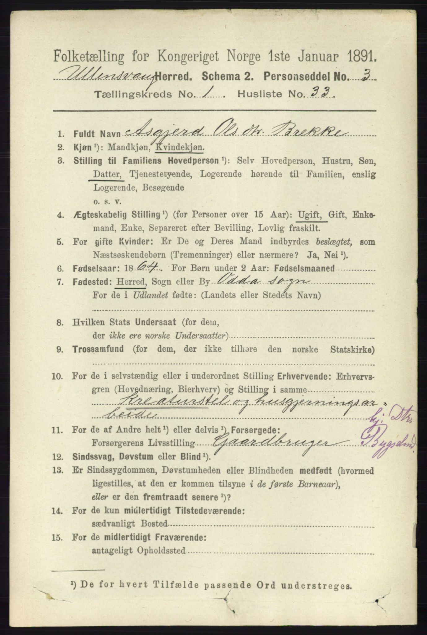 RA, 1891 census for 1230 Ullensvang, 1891, p. 280