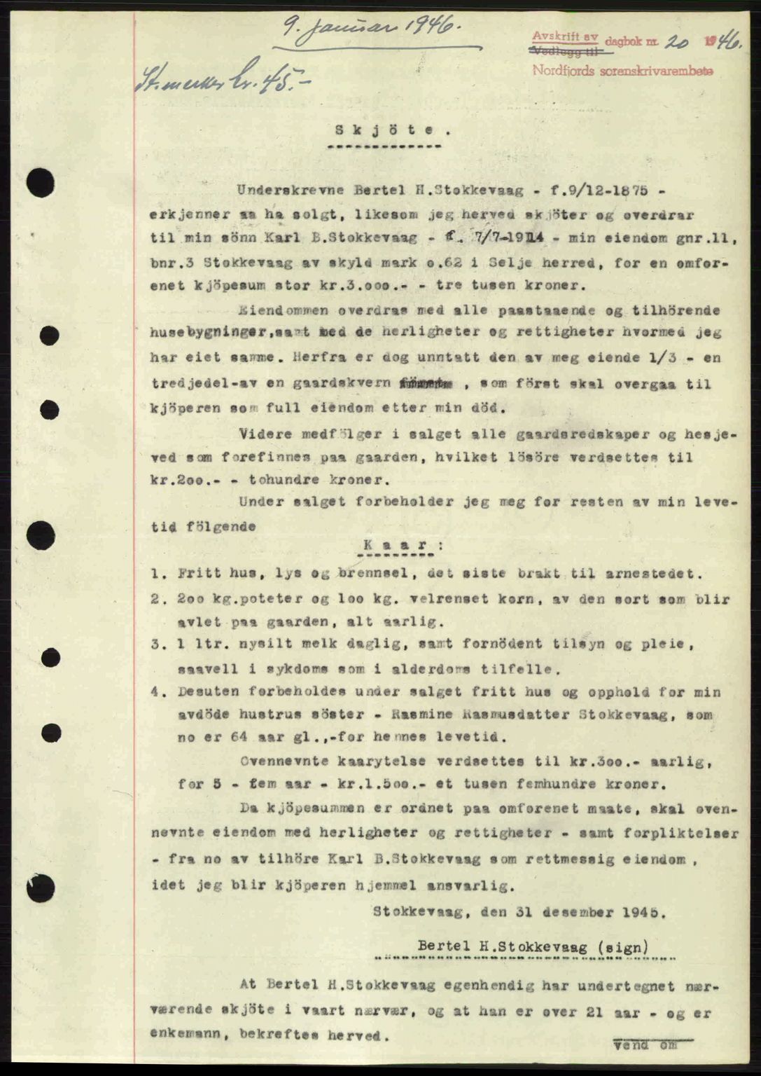 Nordfjord sorenskriveri, AV/SAB-A-2801/02/02b/02bj/L0010b: Mortgage book no. A10b, 1946-1946, Diary no: : 20/1946