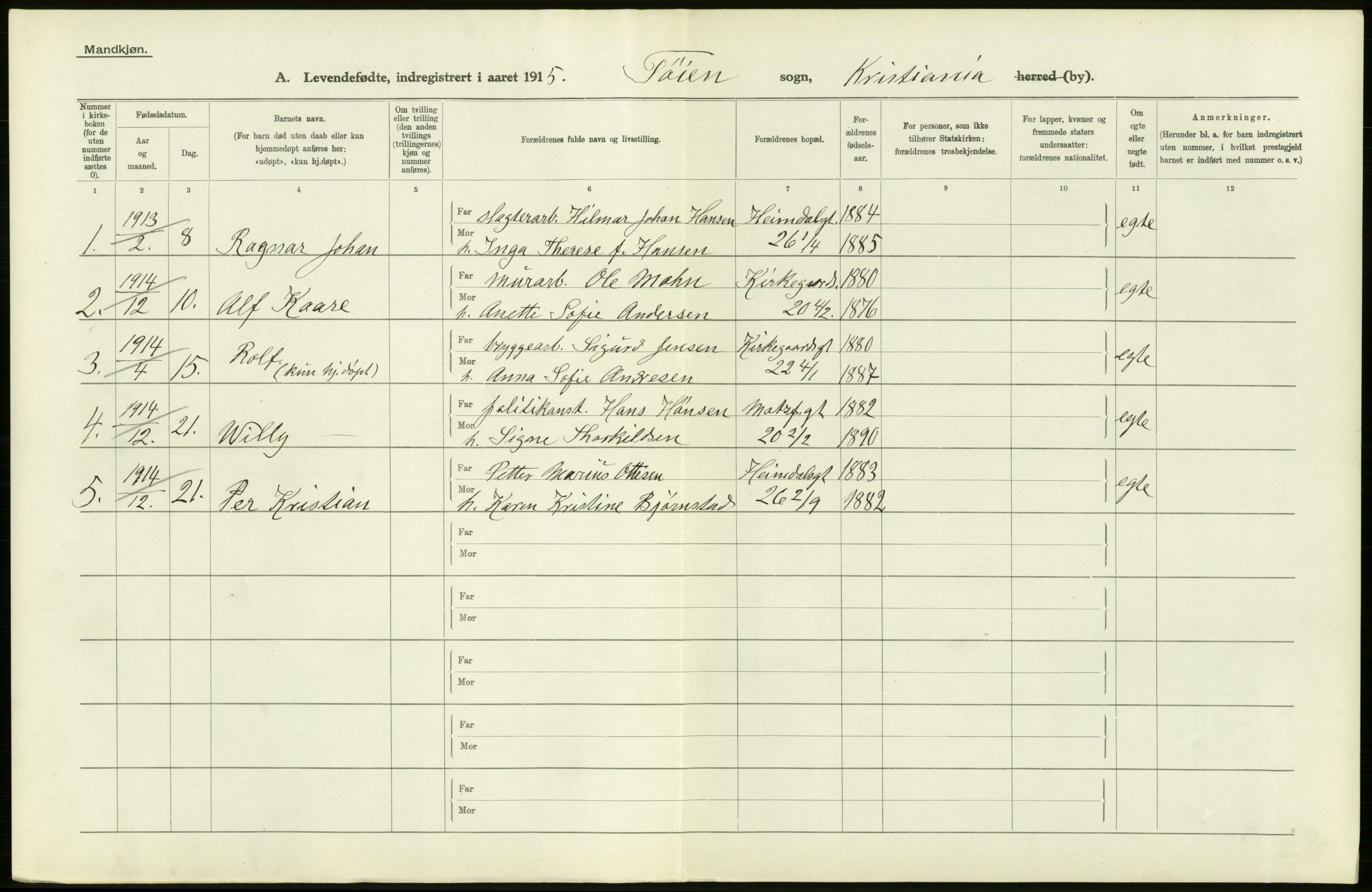 Statistisk sentralbyrå, Sosiodemografiske emner, Befolkning, AV/RA-S-2228/D/Df/Dfb/Dfbe/L0006: Kristiania: Levendefødte menn og kvinner., 1915, p. 194