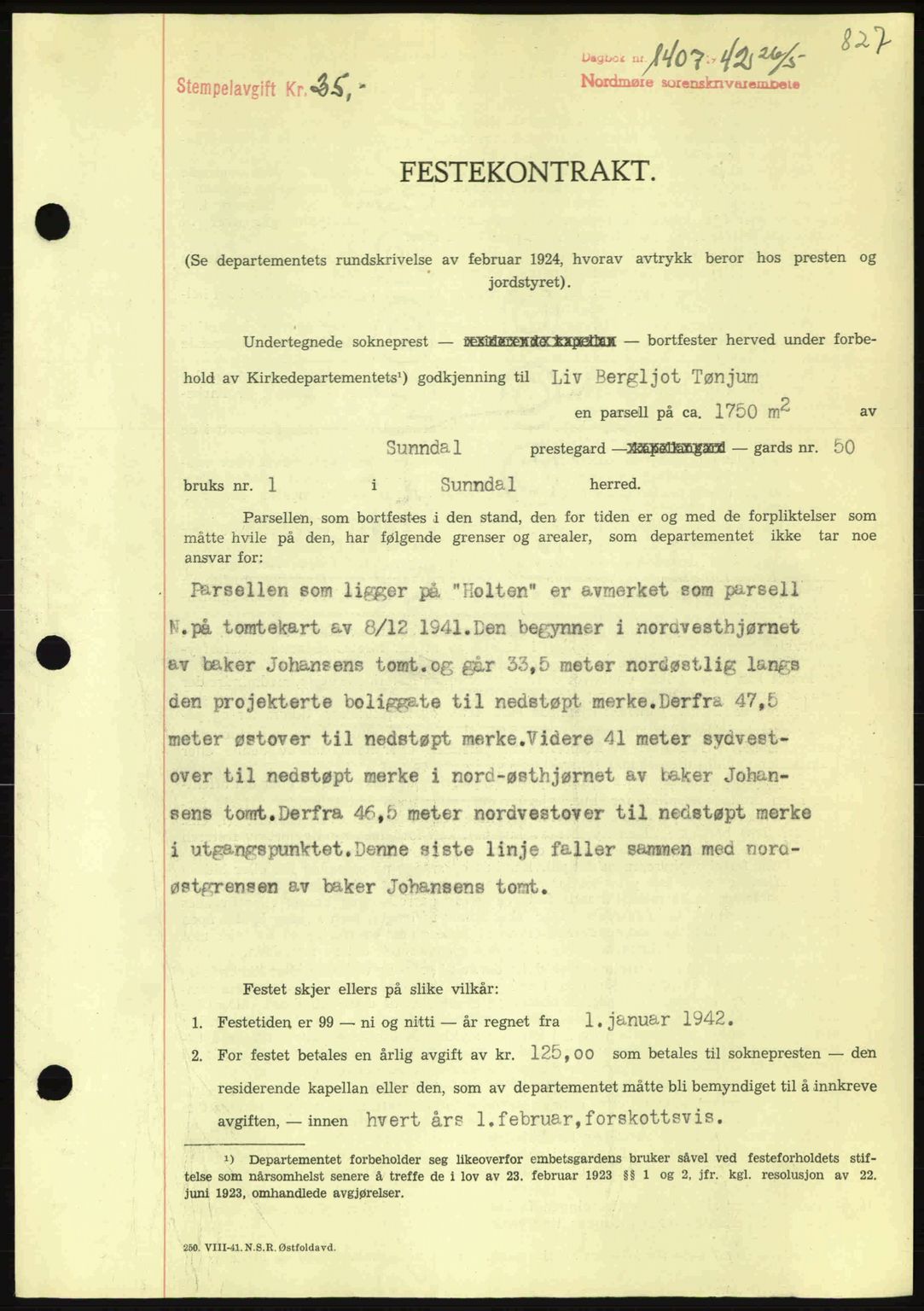 Nordmøre sorenskriveri, AV/SAT-A-4132/1/2/2Ca: Mortgage book no. A92, 1942-1942, Diary no: : 1406/1942