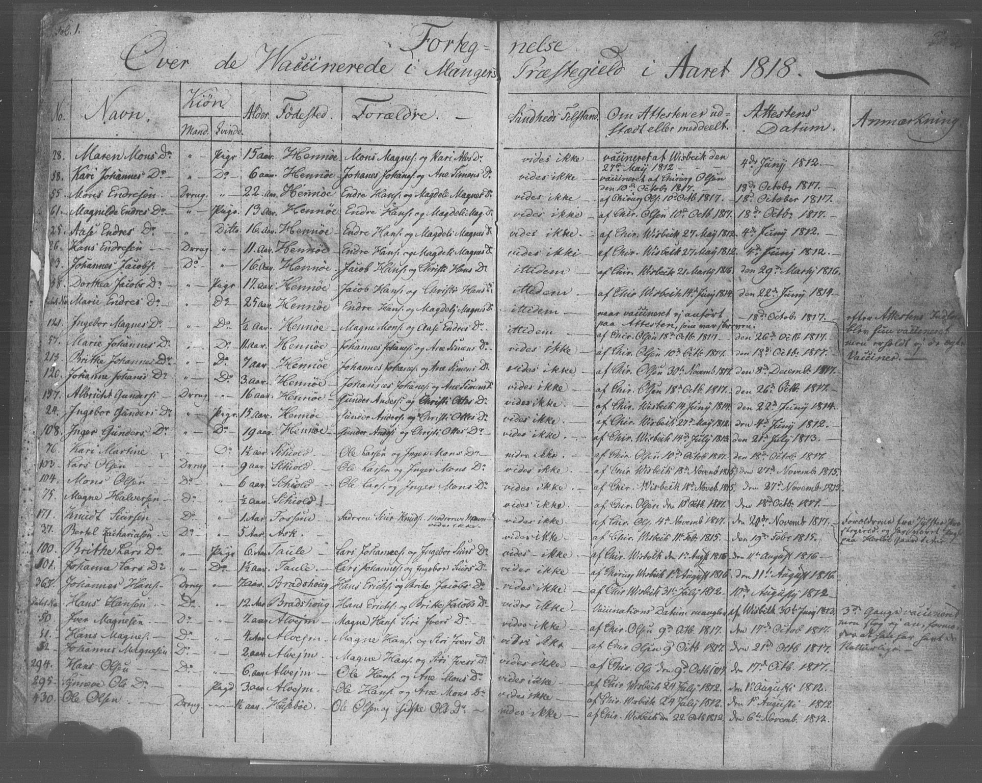 Manger sokneprestembete, SAB/A-76801/H/Haa: Parish register (official) no. A 9, 1812-1821, p. 1