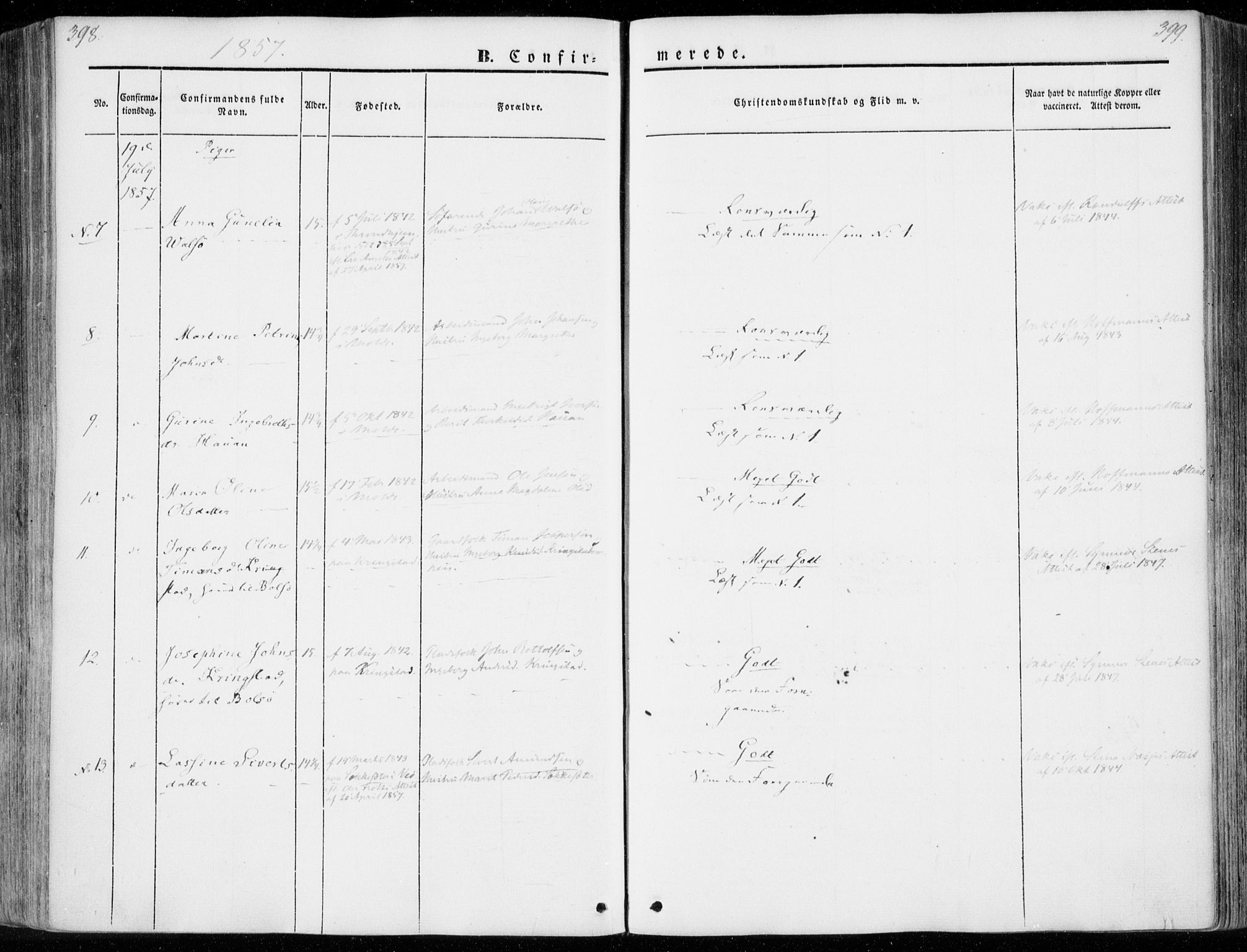 Ministerialprotokoller, klokkerbøker og fødselsregistre - Møre og Romsdal, SAT/A-1454/558/L0689: Parish register (official) no. 558A03, 1843-1872, p. 398-399