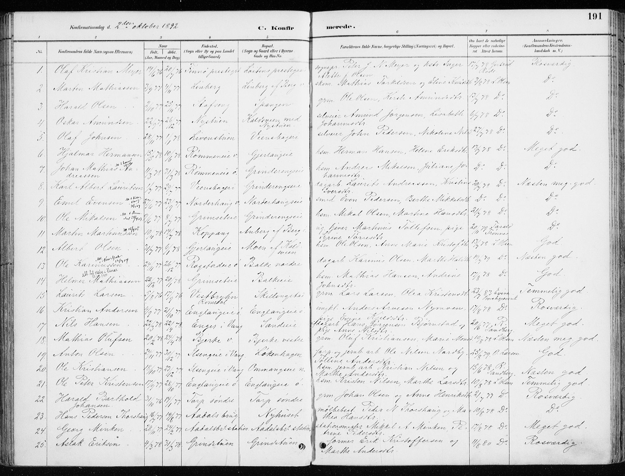 Løten prestekontor, SAH/PREST-022/K/Ka/L0010: Parish register (official) no. 10, 1892-1907, p. 191