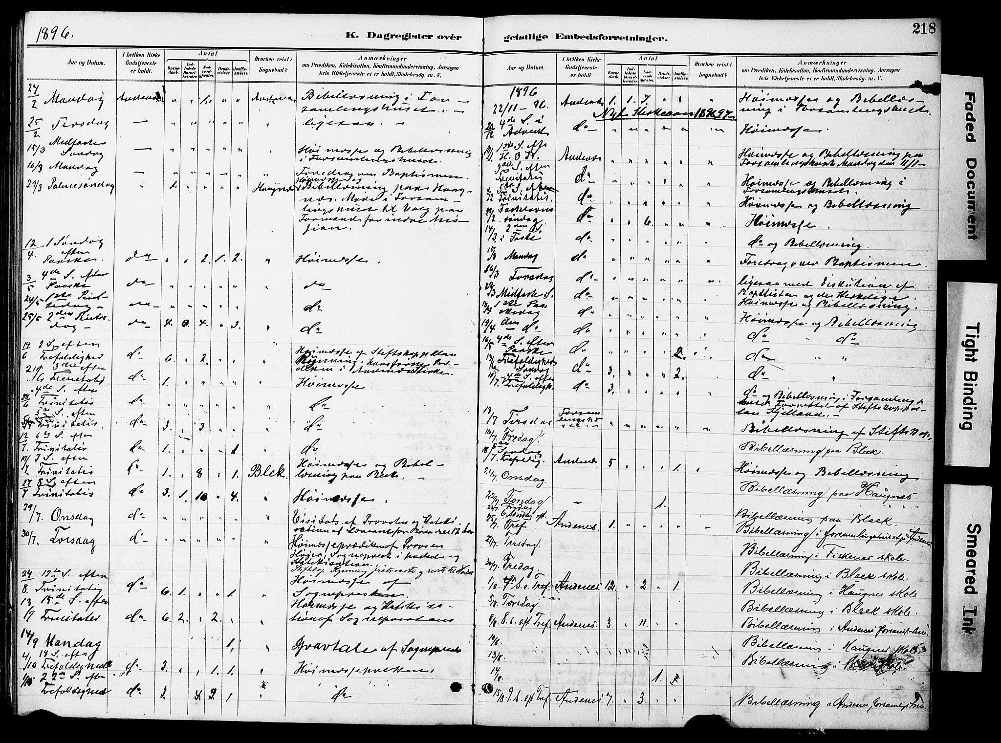 Ministerialprotokoller, klokkerbøker og fødselsregistre - Nordland, AV/SAT-A-1459/899/L1448: Parish register (copy) no. 899C03, 1887-1902, p. 218