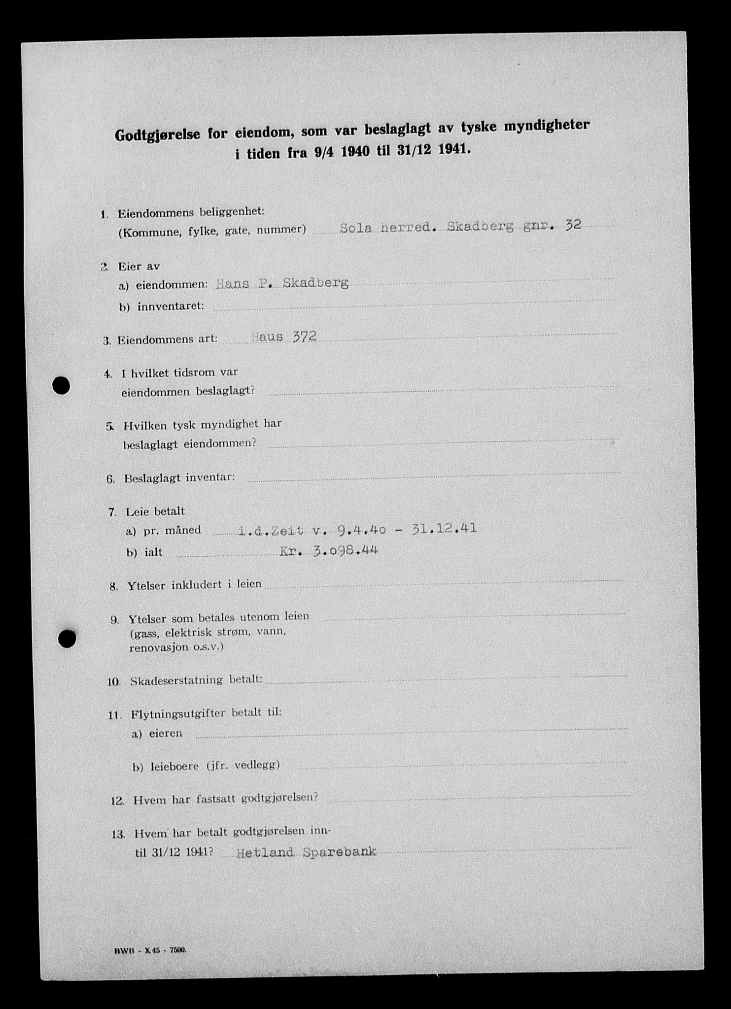 Justisdepartementet, Tilbakeføringskontoret for inndratte formuer, AV/RA-S-1564/I/L1015: Godtgjørelse for beslaglagt eiendom, 1940-1941, p. 167