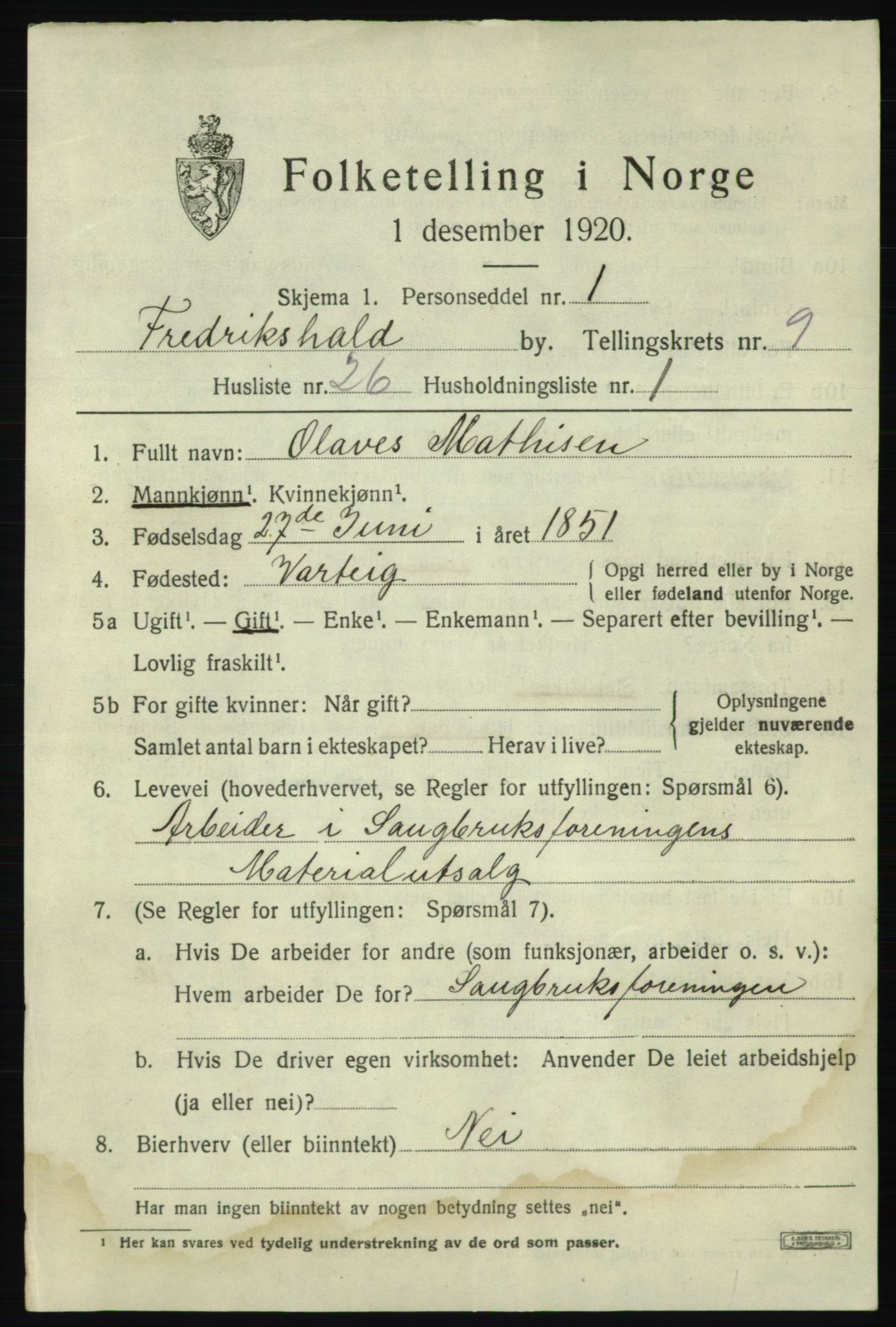 SAO, 1920 census for Fredrikshald, 1920, p. 16355