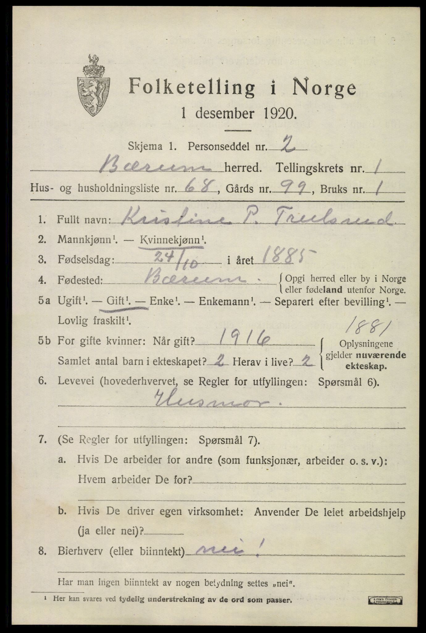 SAO, 1920 census for Bærum, 1920, p. 5910