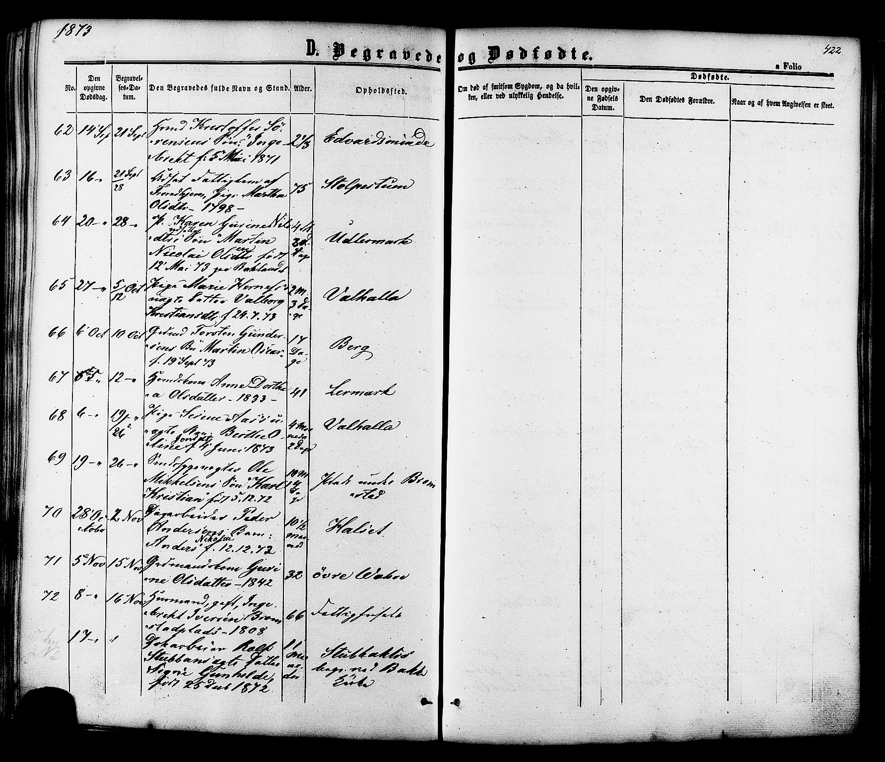Ministerialprotokoller, klokkerbøker og fødselsregistre - Sør-Trøndelag, SAT/A-1456/606/L0293: Parish register (official) no. 606A08, 1866-1877, p. 422