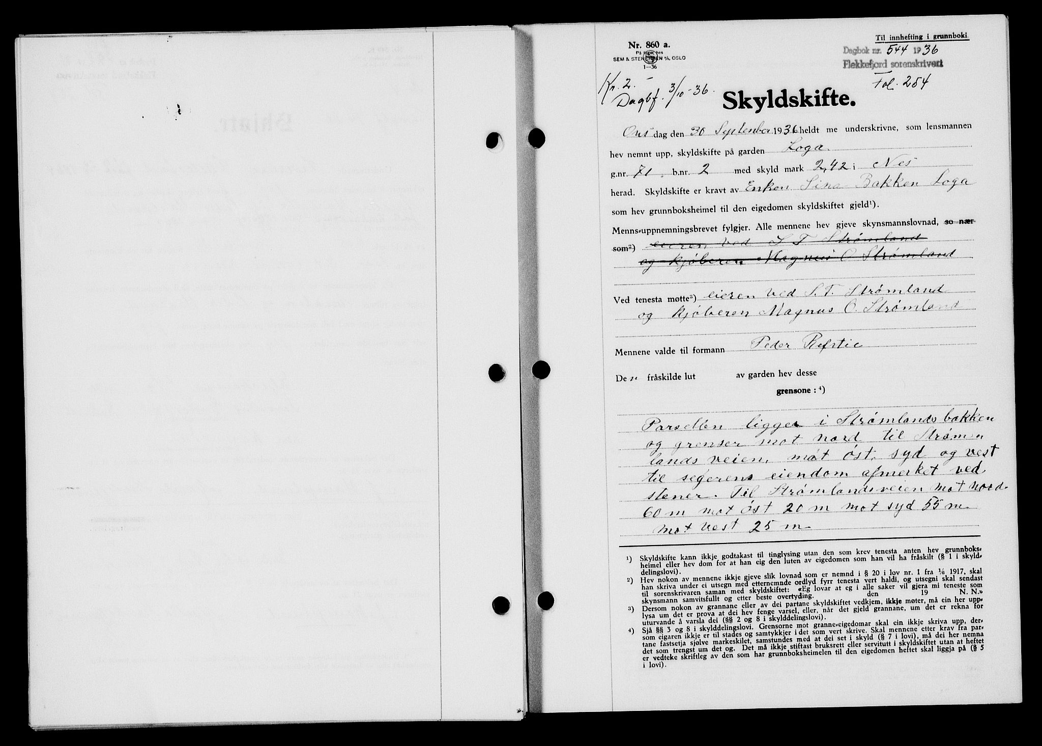 Flekkefjord sorenskriveri, SAK/1221-0001/G/Gb/Gba/L0053: Mortgage book no. A-1, 1936-1937, Diary no: : 544/1936