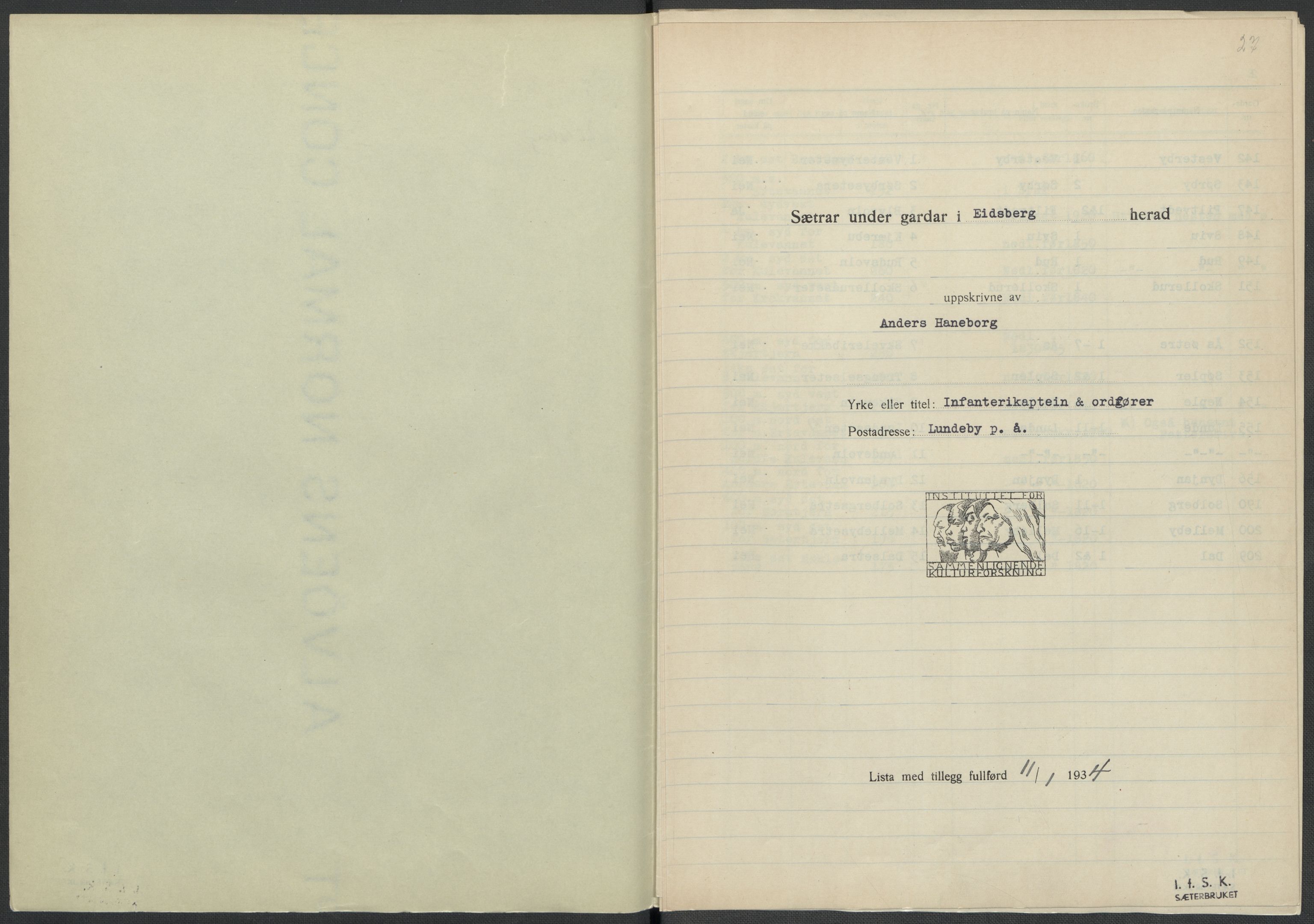 Instituttet for sammenlignende kulturforskning, AV/RA-PA-0424/F/Fc/L0002/0001: Eske B2: / Østfold (perm I), 1932-1935, p. 27