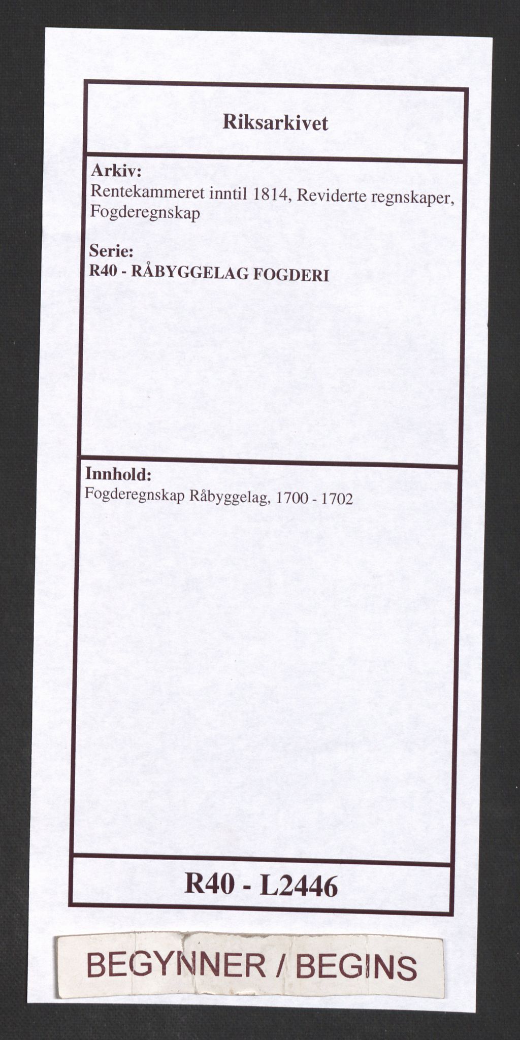 Rentekammeret inntil 1814, Reviderte regnskaper, Fogderegnskap, AV/RA-EA-4092/R40/L2446: Fogderegnskap Råbyggelag, 1700-1702, p. 1