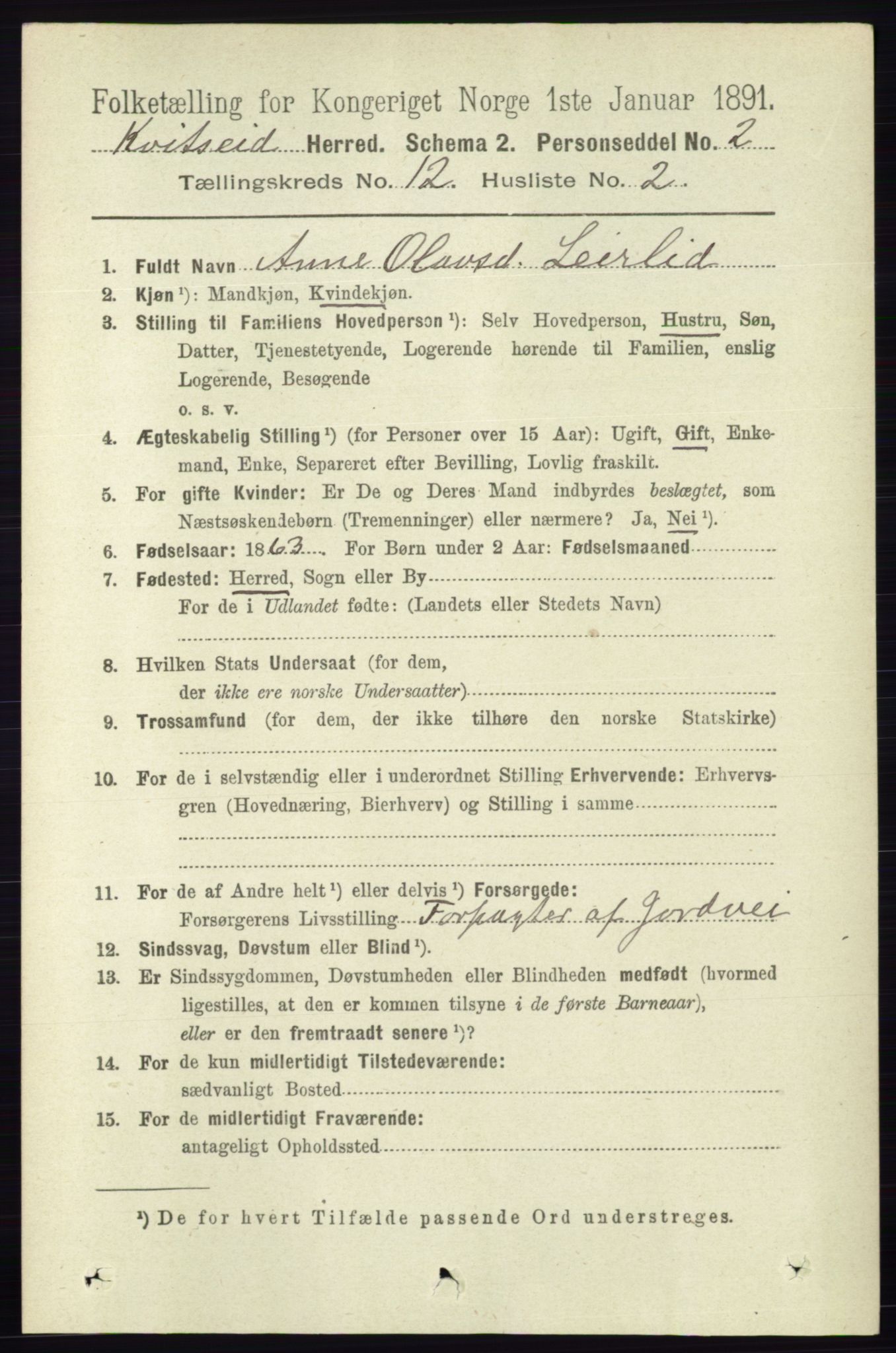 RA, 1891 census for 0829 Kviteseid, 1891, p. 2849