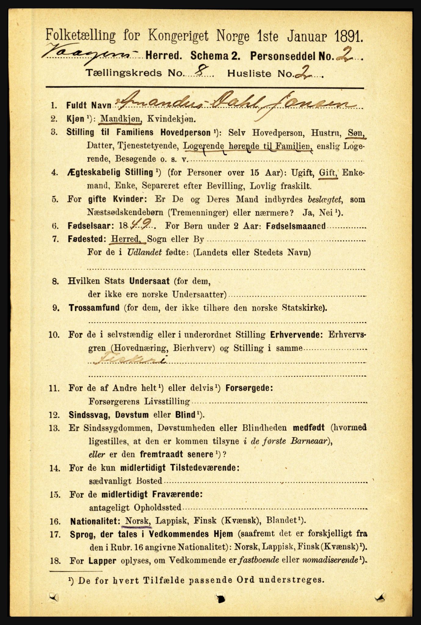 RA, 1891 census for 1865 Vågan, 1891, p. 2102