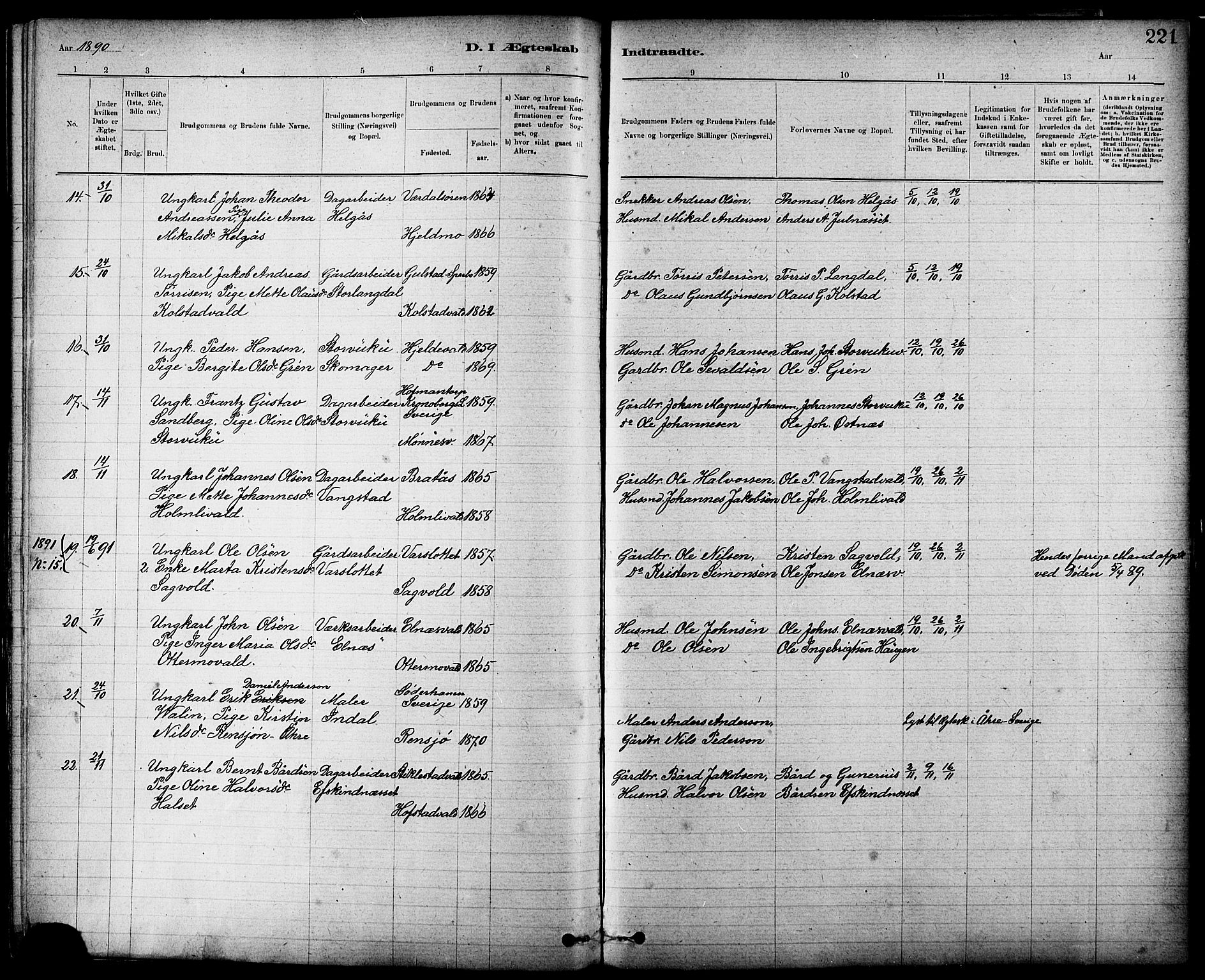 Ministerialprotokoller, klokkerbøker og fødselsregistre - Nord-Trøndelag, SAT/A-1458/724/L0267: Parish register (copy) no. 724C03, 1879-1898, p. 221