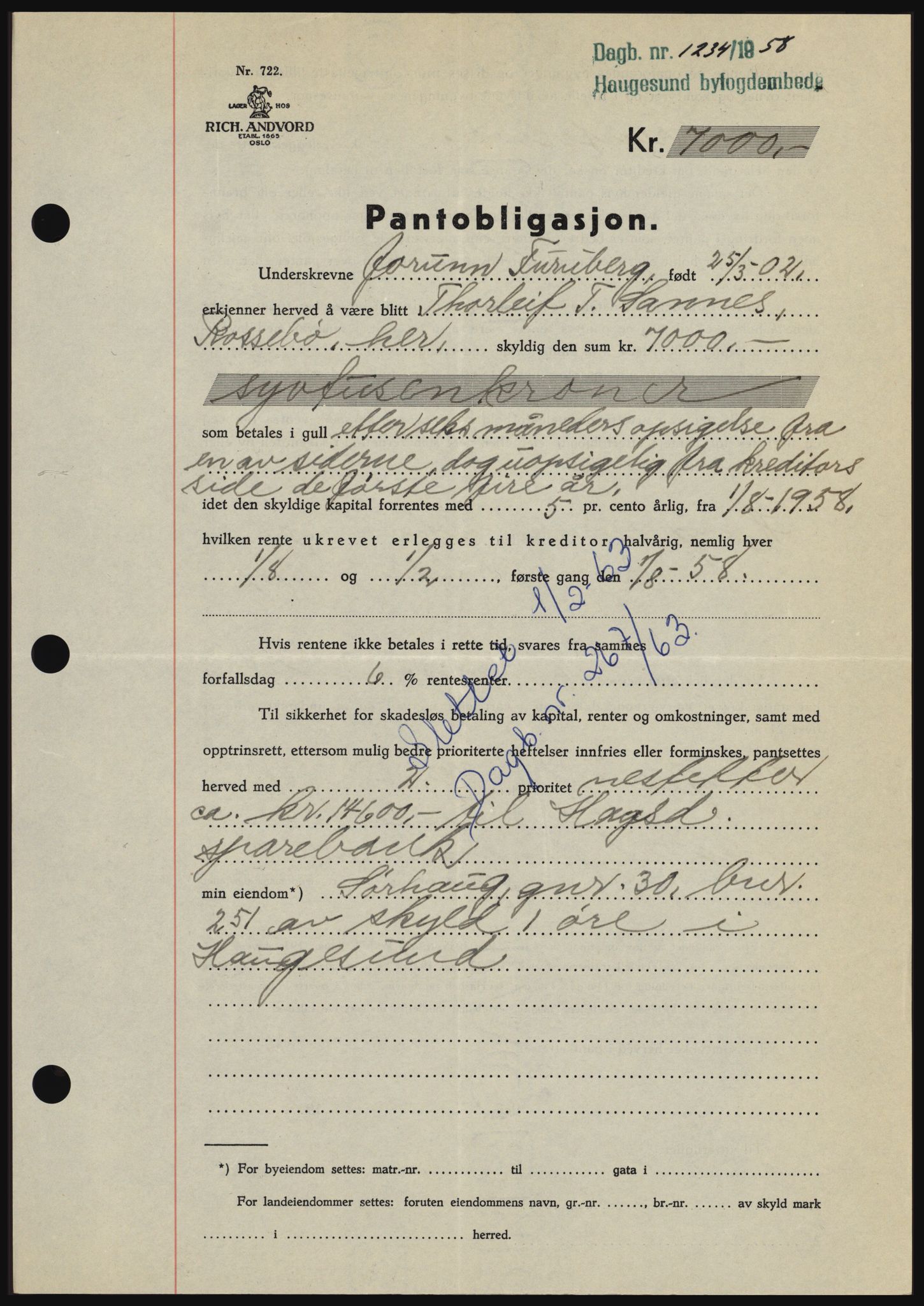 Haugesund tingrett, SAST/A-101415/01/II/IIC/L0044: Mortgage book no. B 44, 1958-1959, Diary no: : 1234/1958
