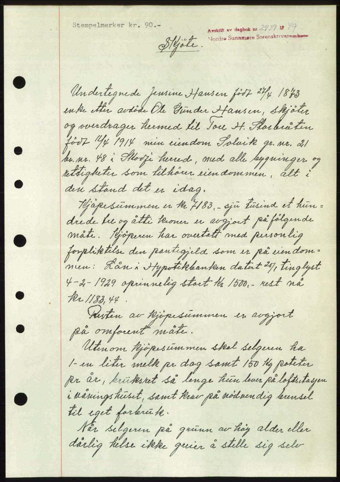 Nordre Sunnmøre sorenskriveri, AV/SAT-A-0006/1/2/2C/2Ca: Mortgage book no. A33, 1949-1950, Diary no: : 2939/1949