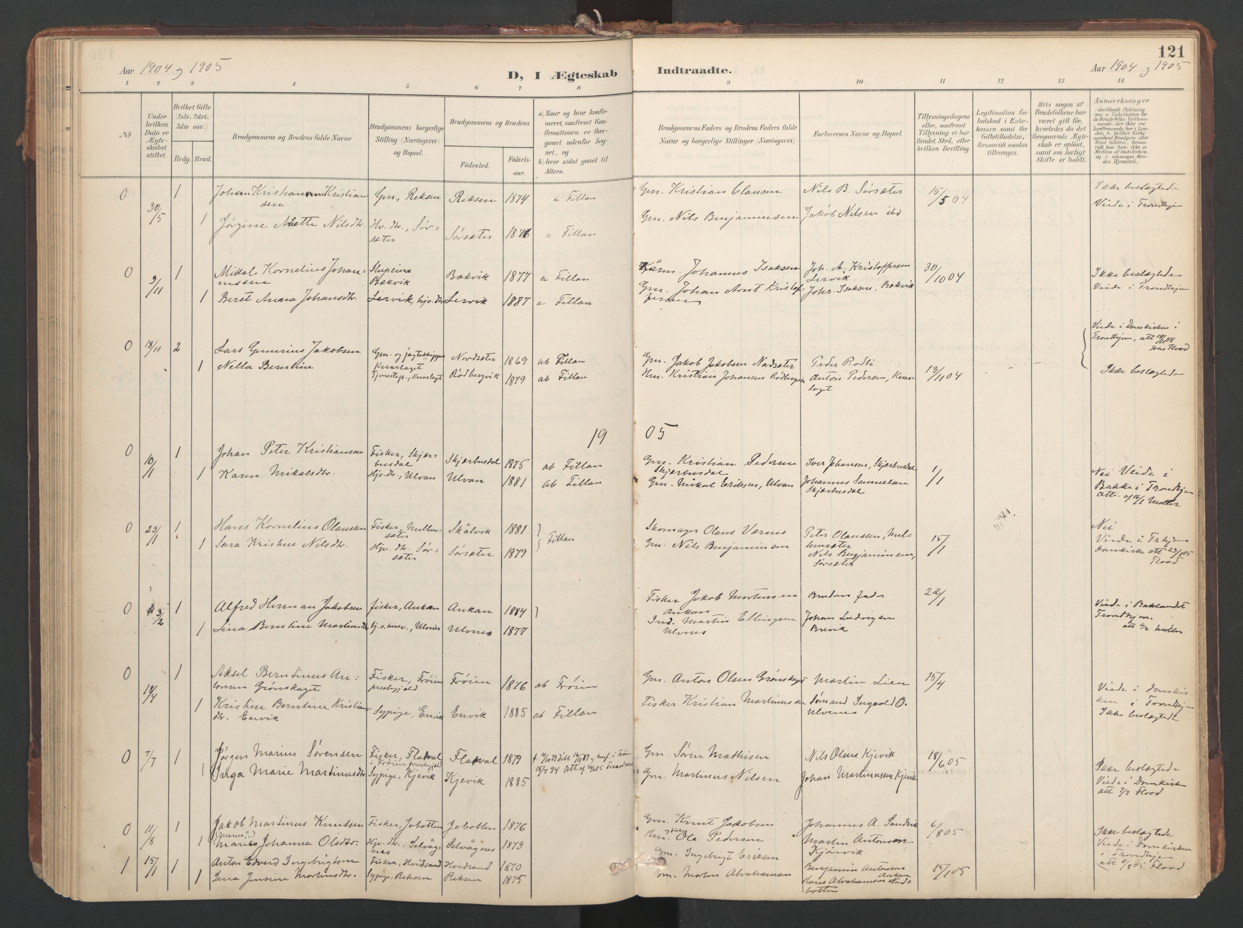 Ministerialprotokoller, klokkerbøker og fødselsregistre - Sør-Trøndelag, SAT/A-1456/638/L0568: Parish register (official) no. 638A01, 1901-1916, p. 121