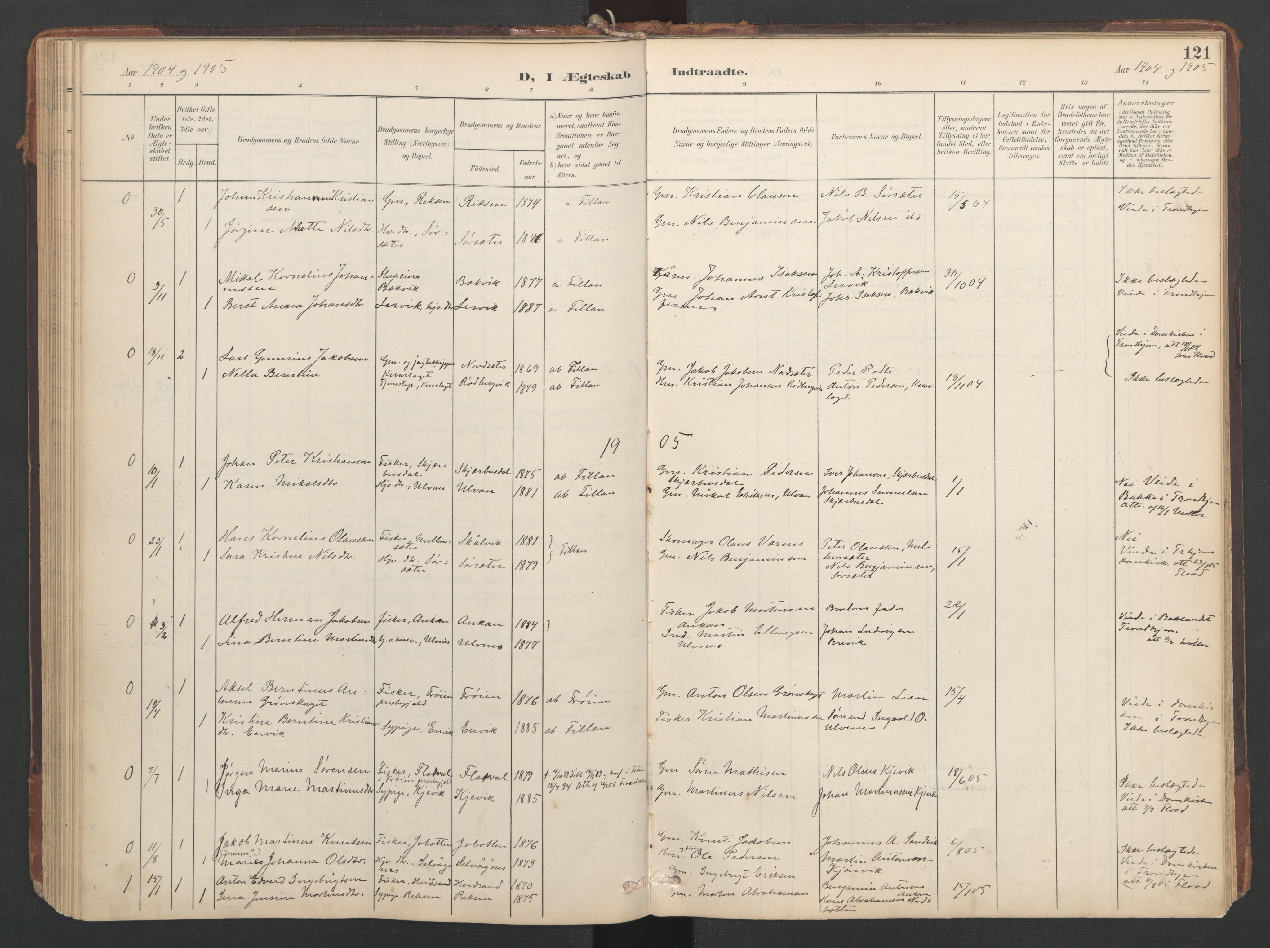 Ministerialprotokoller, klokkerbøker og fødselsregistre - Sør-Trøndelag, AV/SAT-A-1456/638/L0568: Parish register (official) no. 638A01, 1901-1916, p. 121