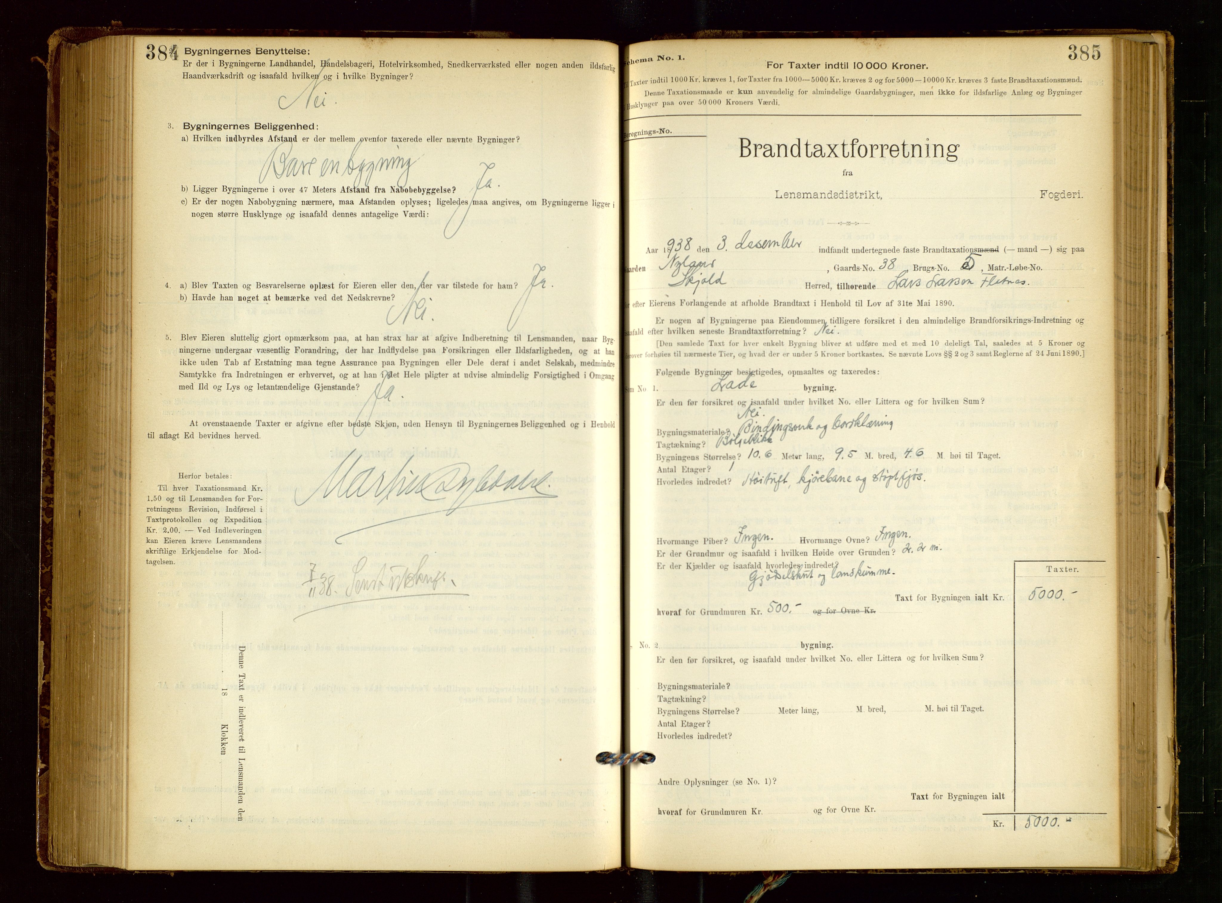 Skjold lensmannskontor, AV/SAST-A-100182/Gob/L0001: "Brandtaxationsprotokol for Skjold Lensmandsdistrikt Ryfylke Fogderi", 1894-1939, p. 384-385