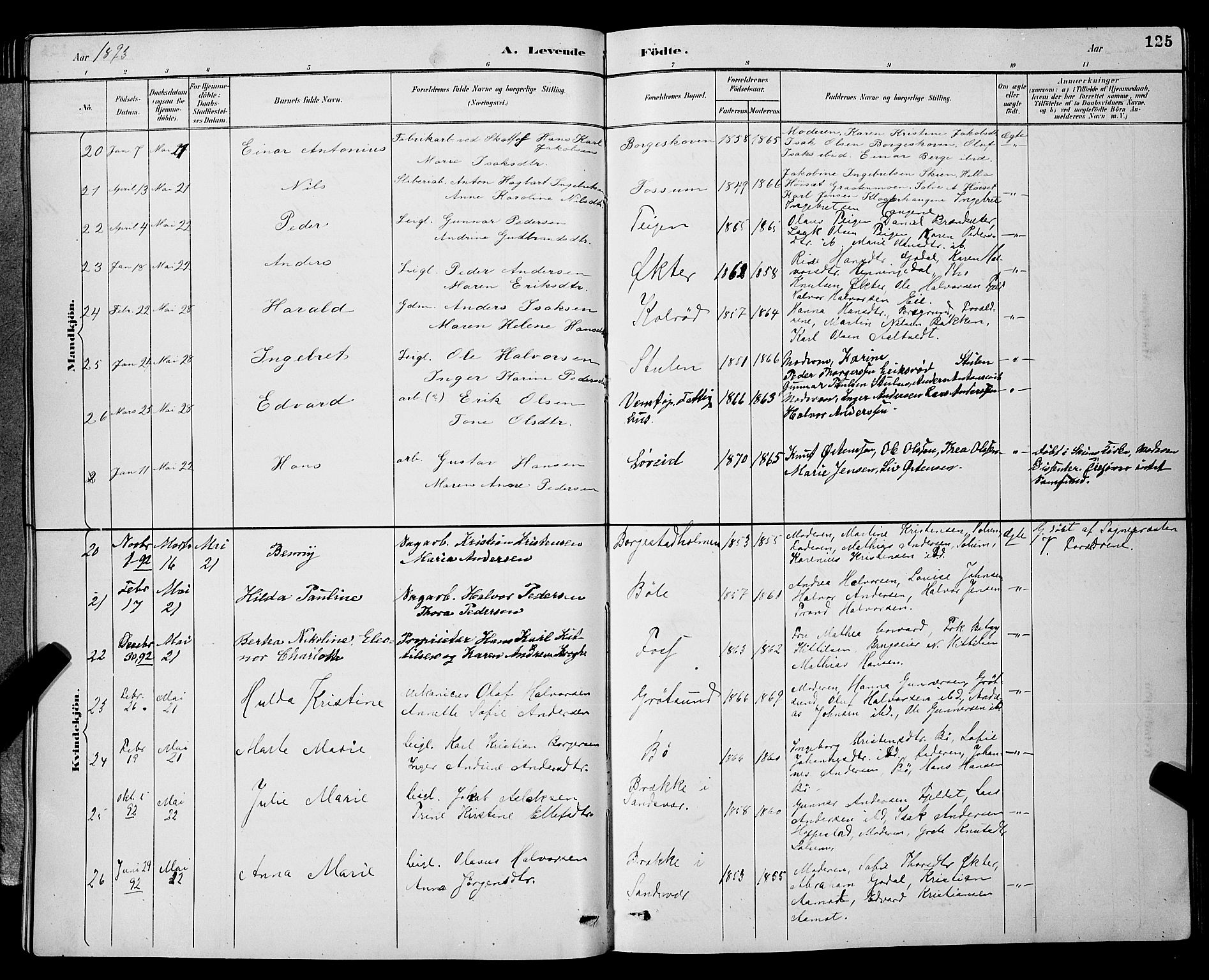 Gjerpen kirkebøker, SAKO/A-265/G/Ga/L0002: Parish register (copy) no. I 2, 1883-1900, p. 125