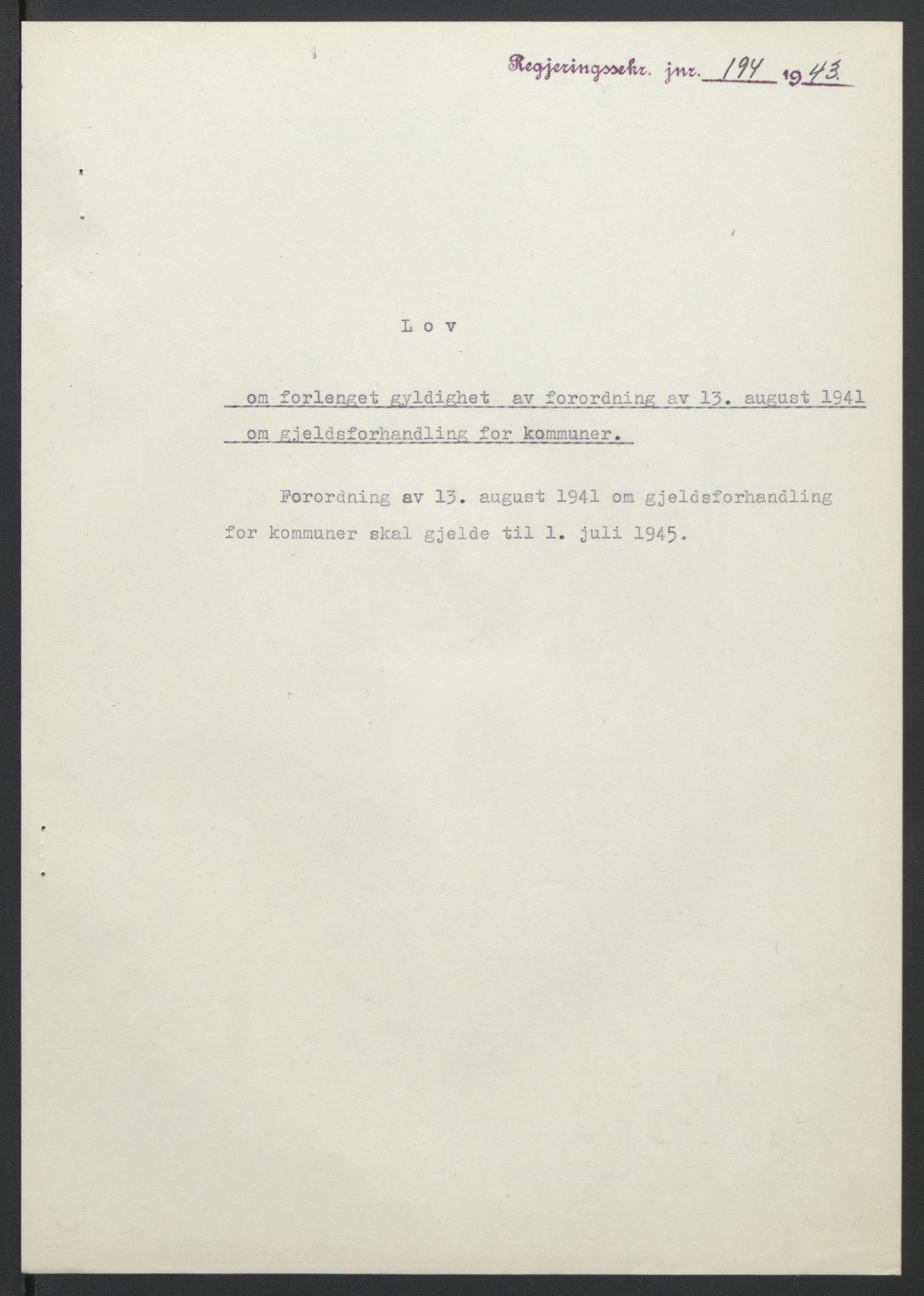 NS-administrasjonen 1940-1945 (Statsrådsekretariatet, de kommisariske statsråder mm), AV/RA-S-4279/D/Db/L0099: Lover, 1943, p. 434