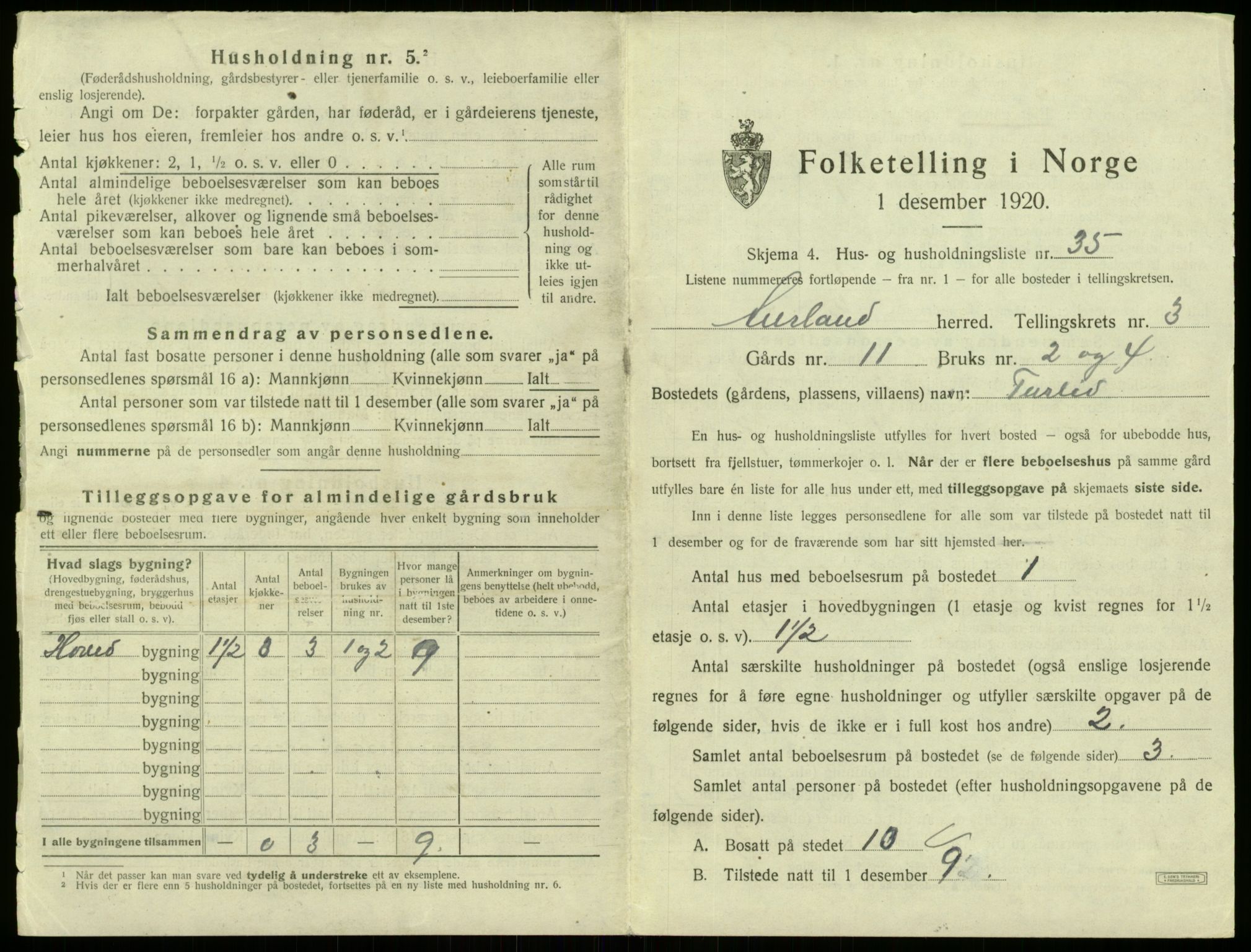 SAB, 1920 census for Aurland, 1920, p. 323