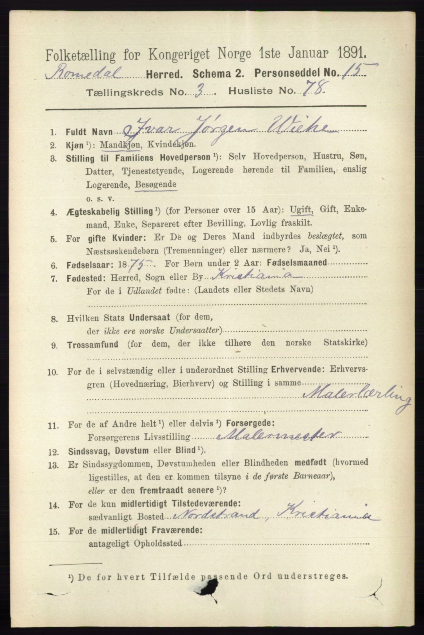 RA, 1891 census for 0416 Romedal, 1891, p. 1880