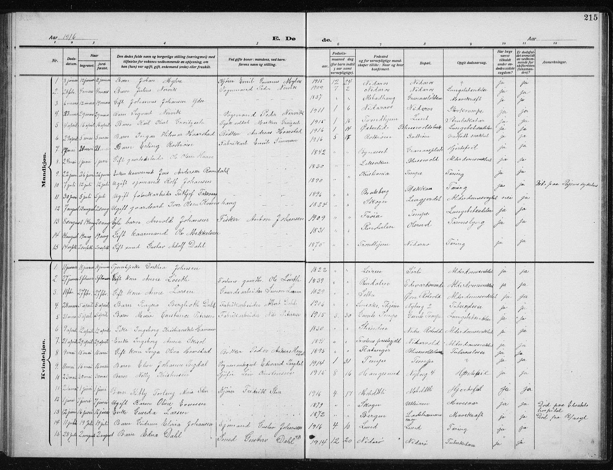 Ministerialprotokoller, klokkerbøker og fødselsregistre - Sør-Trøndelag, SAT/A-1456/606/L0314: Parish register (copy) no. 606C10, 1911-1937, p. 215