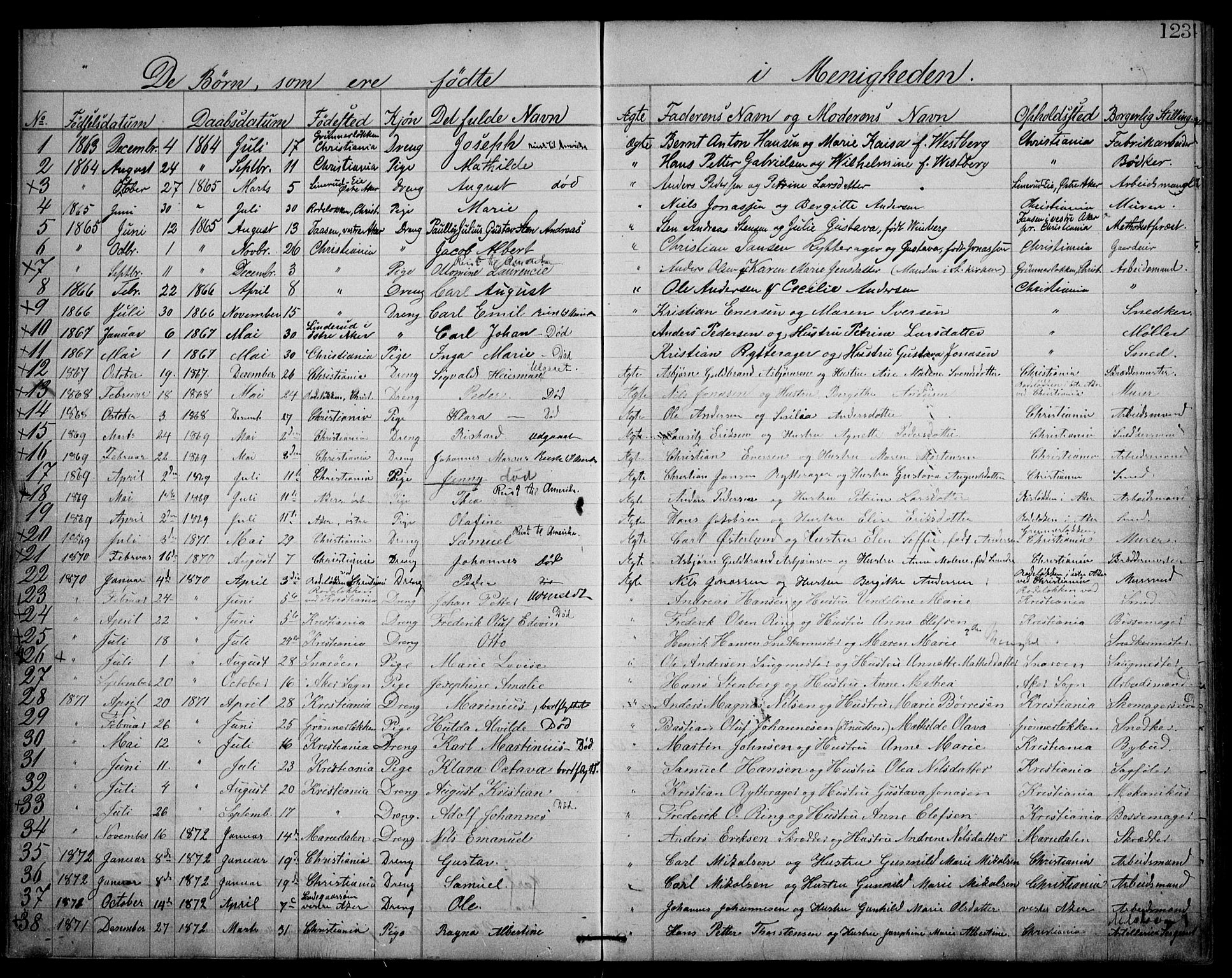 Første Metodistkirke Oslo -  menighetsprotokoller, AV/SAO-PAO-0067/F/L0001: Dissenter register no. 1, 1865-1883, p. 123