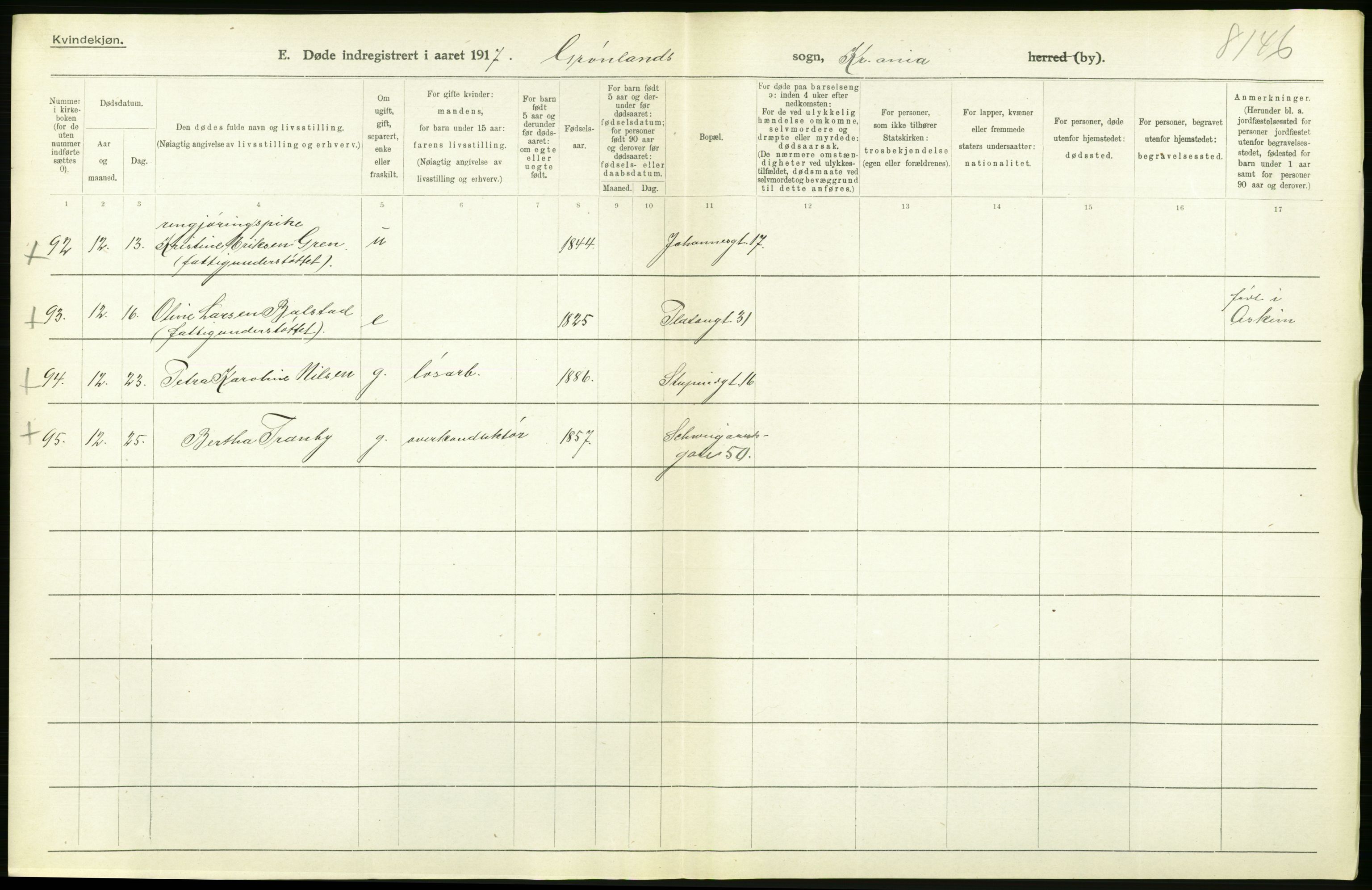 Statistisk sentralbyrå, Sosiodemografiske emner, Befolkning, RA/S-2228/D/Df/Dfb/Dfbg/L0011: Kristiania: Døde, dødfødte., 1917, p. 432