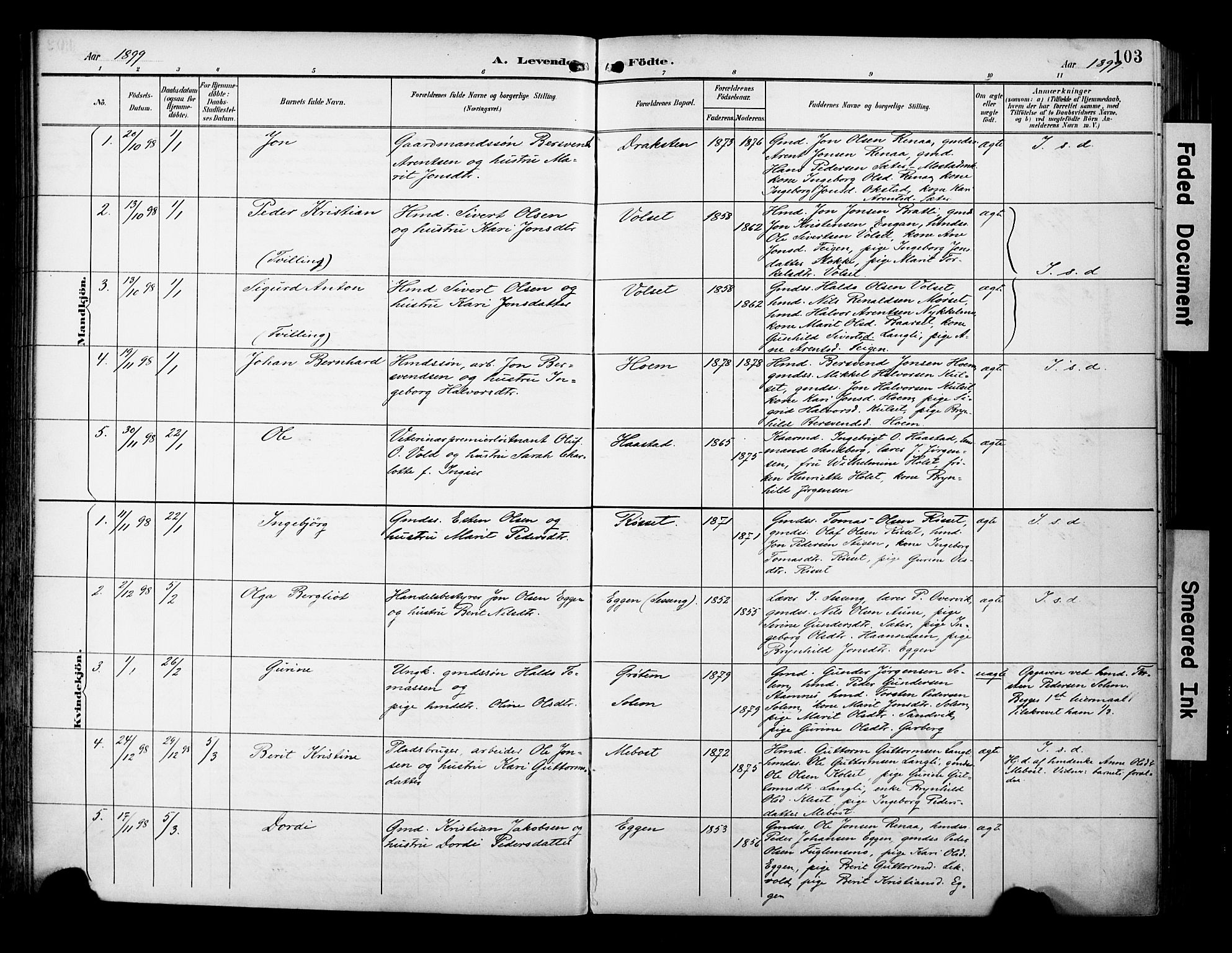 Ministerialprotokoller, klokkerbøker og fødselsregistre - Sør-Trøndelag, SAT/A-1456/695/L1149: Parish register (official) no. 695A09, 1891-1902, p. 103