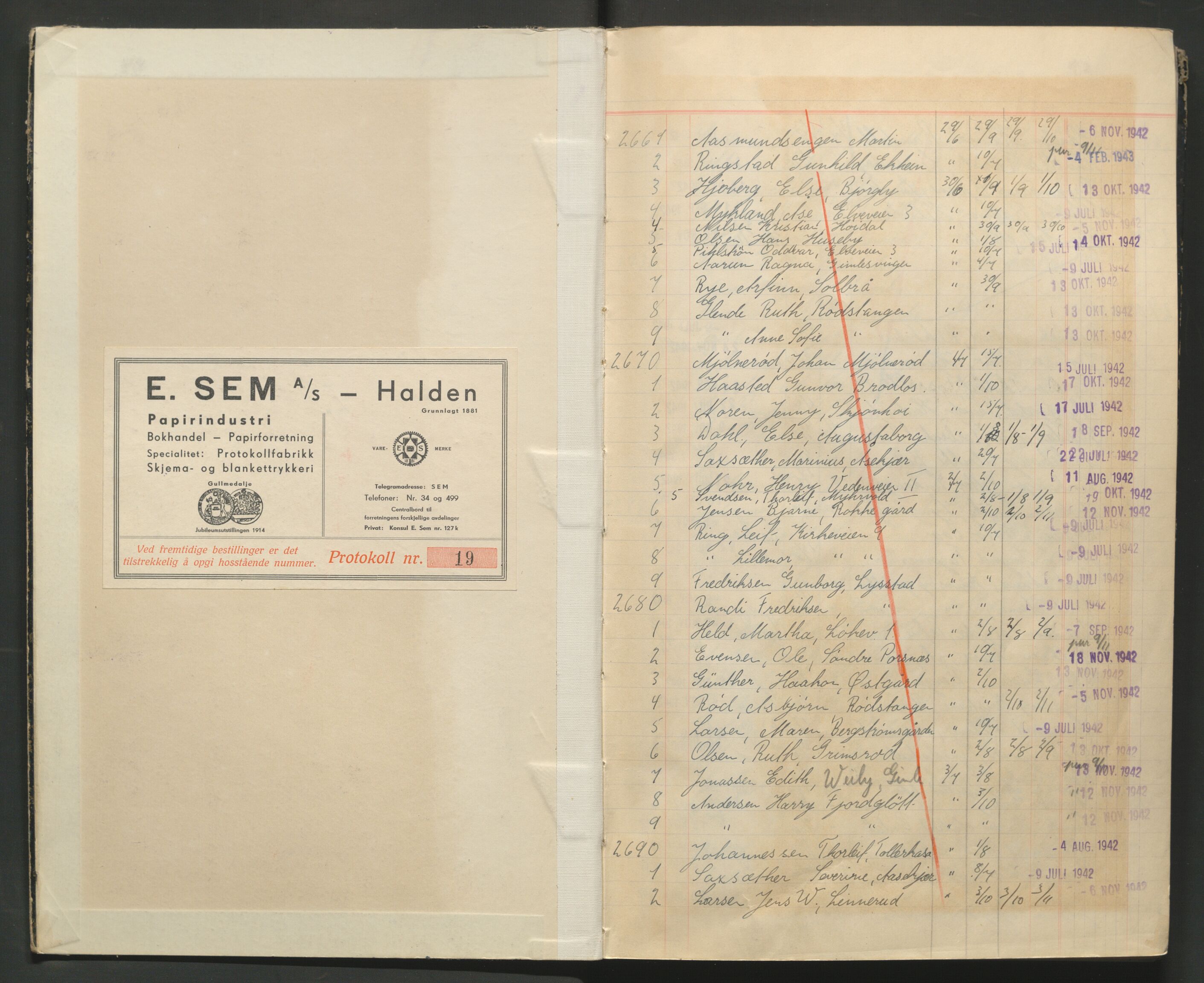 Berg lensmannskontor, AV/SAO-A-10263/I/Ib/L0003: Fortegnelse over utstedte passersedler til Grensesone Vest, nr. 2661-5997 og nr. 1-2069, 1942-1944