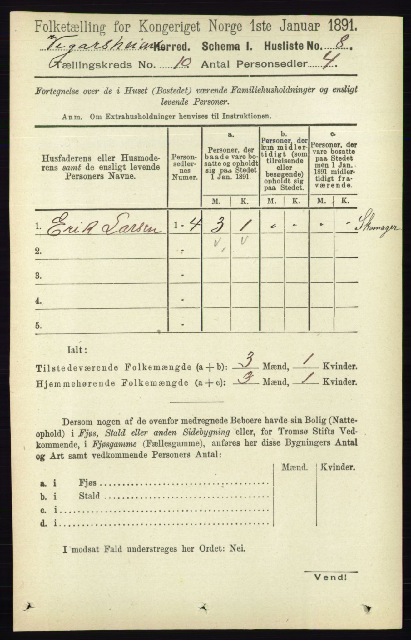 RA, 1891 census for 0912 Vegårshei, 1891, p. 1886